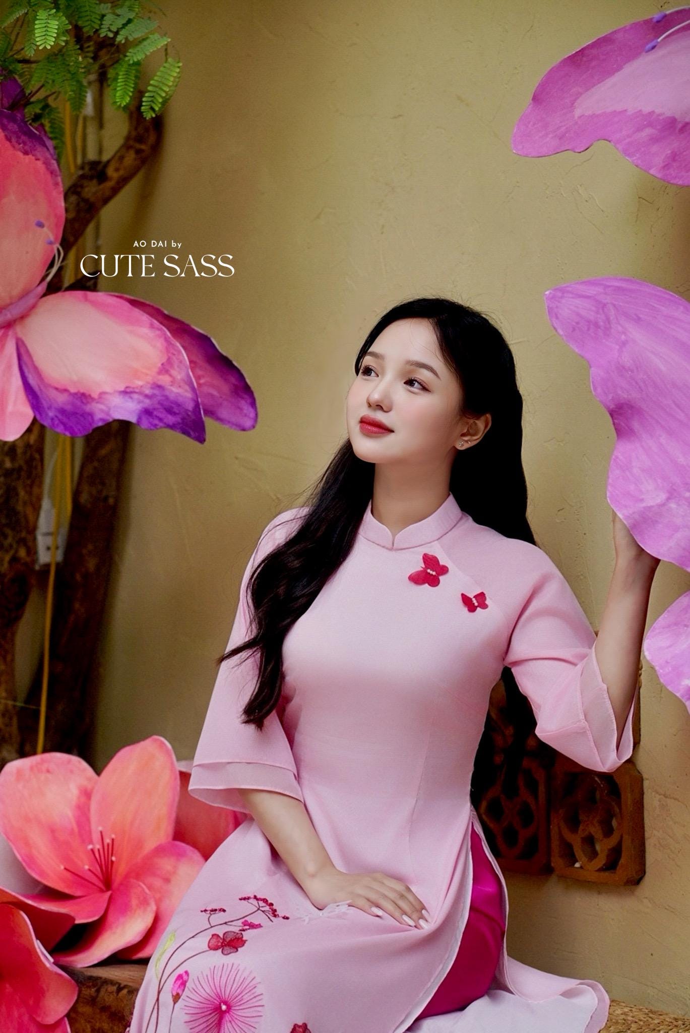 Pink Chiffon 3D Butterflies Ao Dai Set |Pre-made Vietnamese Ao Dai with Pants | Lunar New Year|Ao Dai Cach Tan
