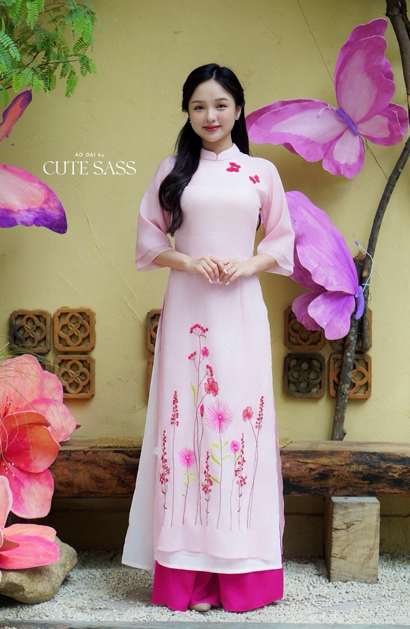 Pink Chiffon 3D Butterflies Ao Dai Set |Pre-made Vietnamese Ao Dai with Pants | Lunar New Year|Ao Dai Cach Tan