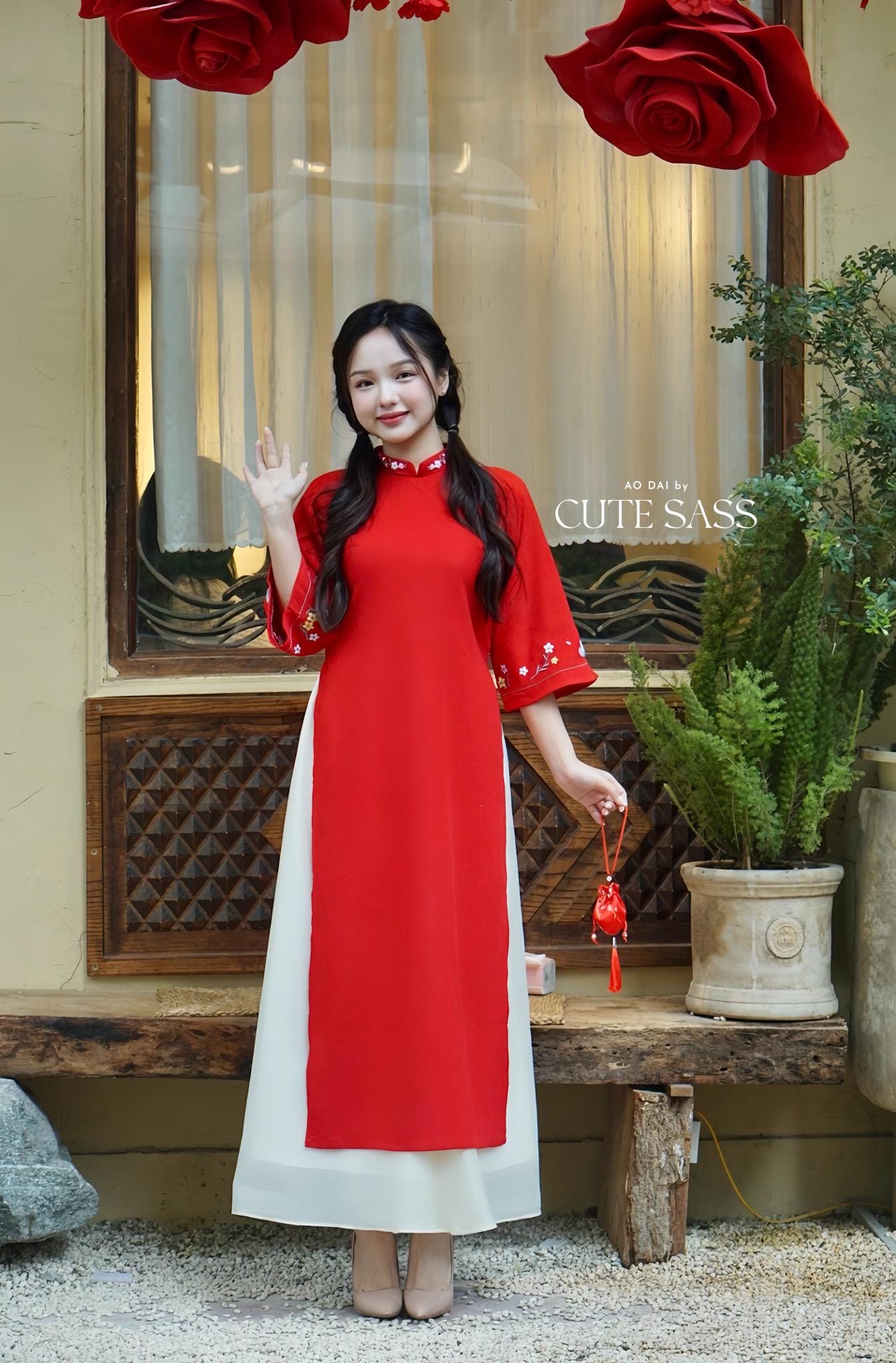 Red Daisy Ao Dai with Skirt BKWL 40C