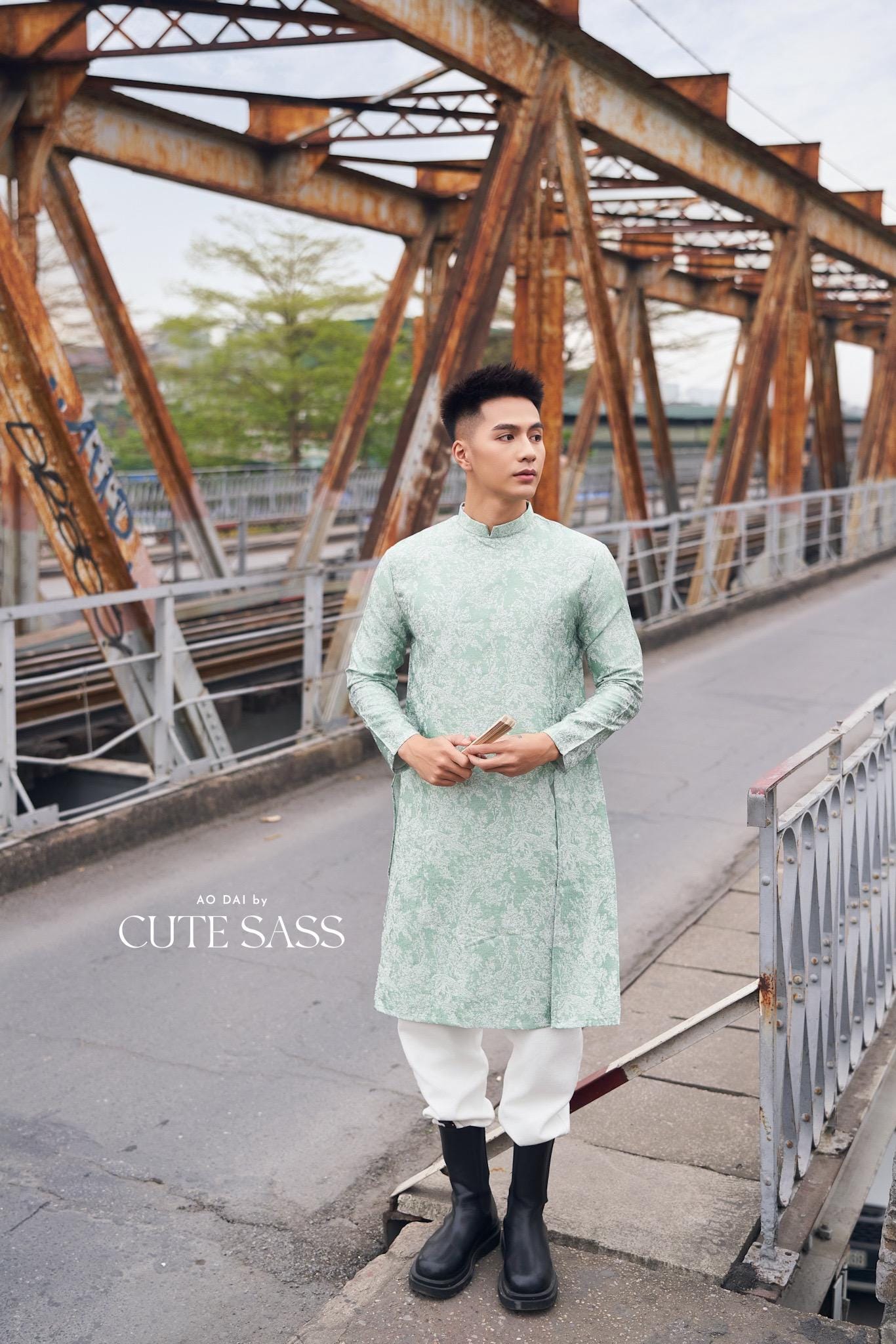 Men Cyan/White Slit Ao Dai Top 42B | Pre-made Traditional Vietnamese Ao Dai| Lunar New Year | Ao Dai for Dad, Boy |Ao Dai Tet| AoDaibyCuteSass