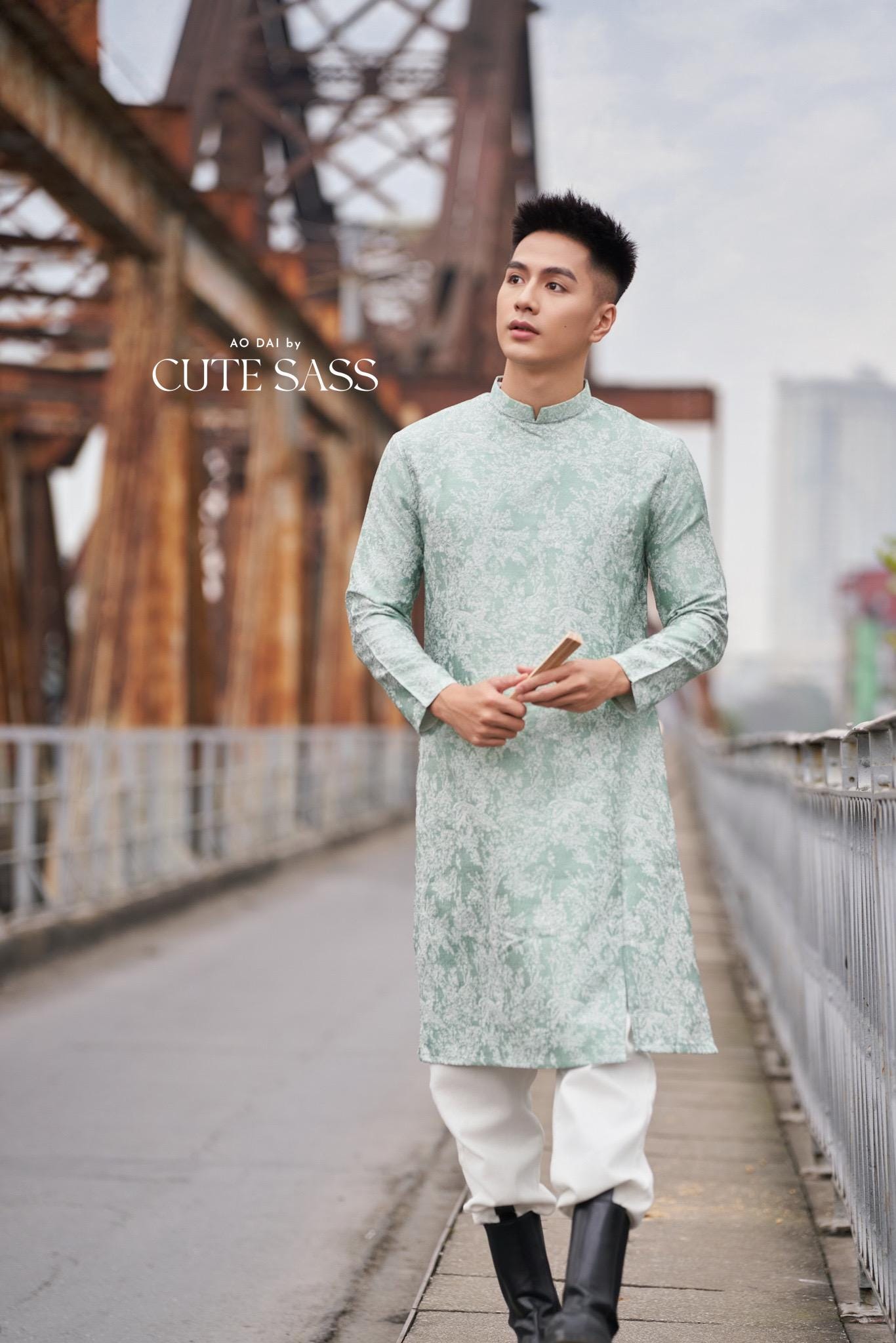 Men Cyan/White Slit Ao Dai Top 42B | Pre-made Traditional Vietnamese Ao Dai| Lunar New Year | Ao Dai for Dad, Boy |Ao Dai Tet| AoDaibyCuteSass
