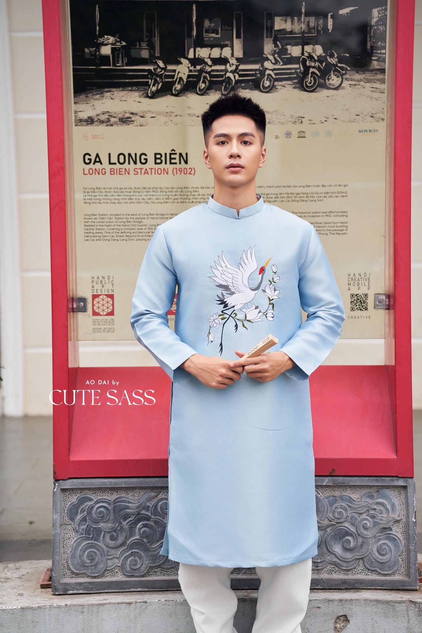 Men Blue Embroidery Bird Ao Dai Top 43C | Pre-made Traditional Vietnamese Ao Dai| Lunar New Year | Ao Dai for Dad, Boy |Ao Dai Tet| AoDaibyCuteSass