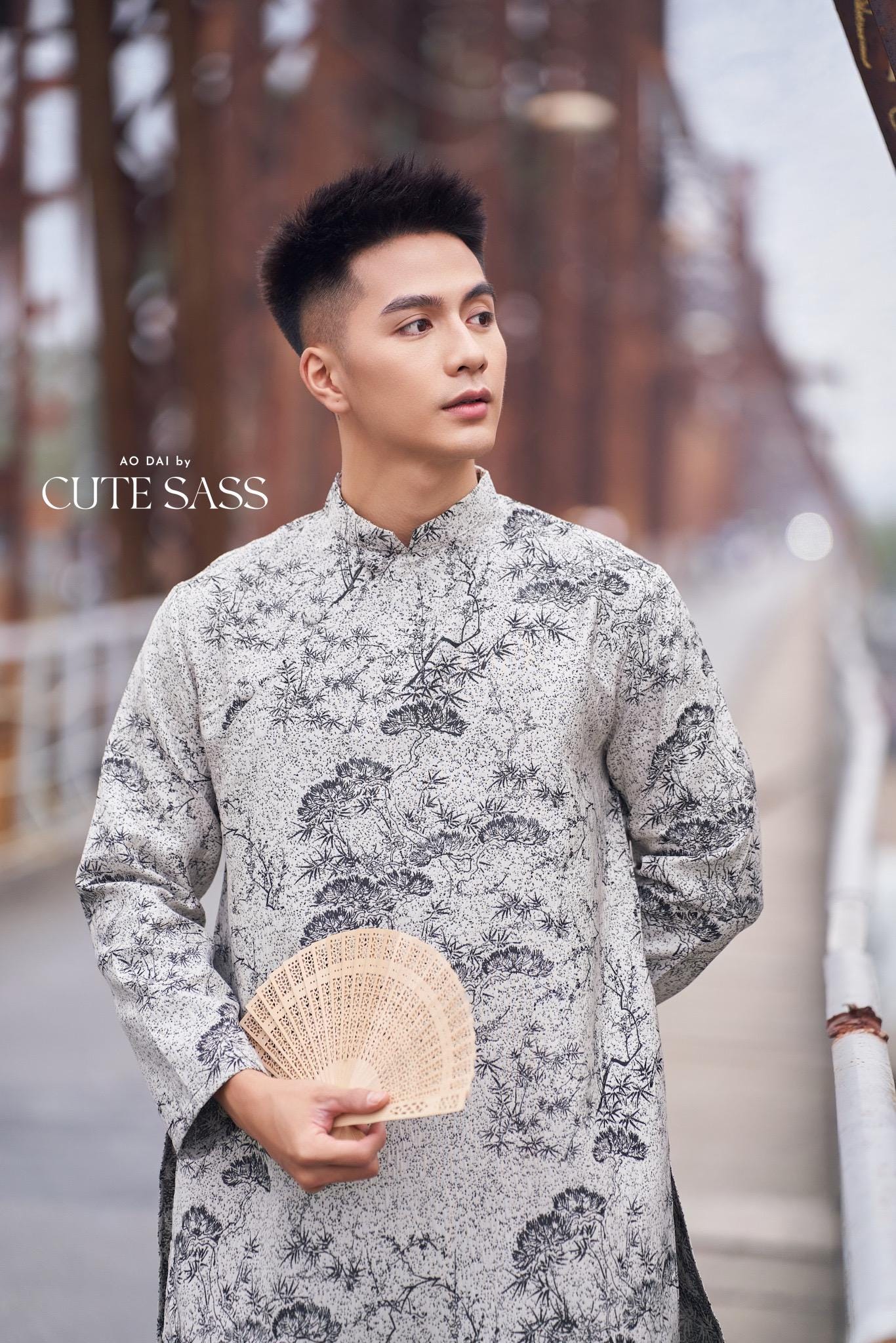 Men Gray Bamboo Patterns Ao Dai Top 38C | Pre-made Traditional Vietnamese Ao Dai| Lunar New Year | Ao Dai for Dad, Boy |Ao Dai Tet| AoDaibyCuteSass