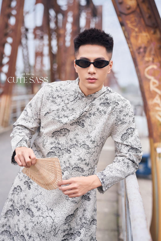 Men Gray Bamboo Patterns Ao Dai Top 38C | Pre-made Traditional Vietnamese Ao Dai| Lunar New Year | Ao Dai for Dad, Boy |Ao Dai Tet| AoDaibyCuteSass