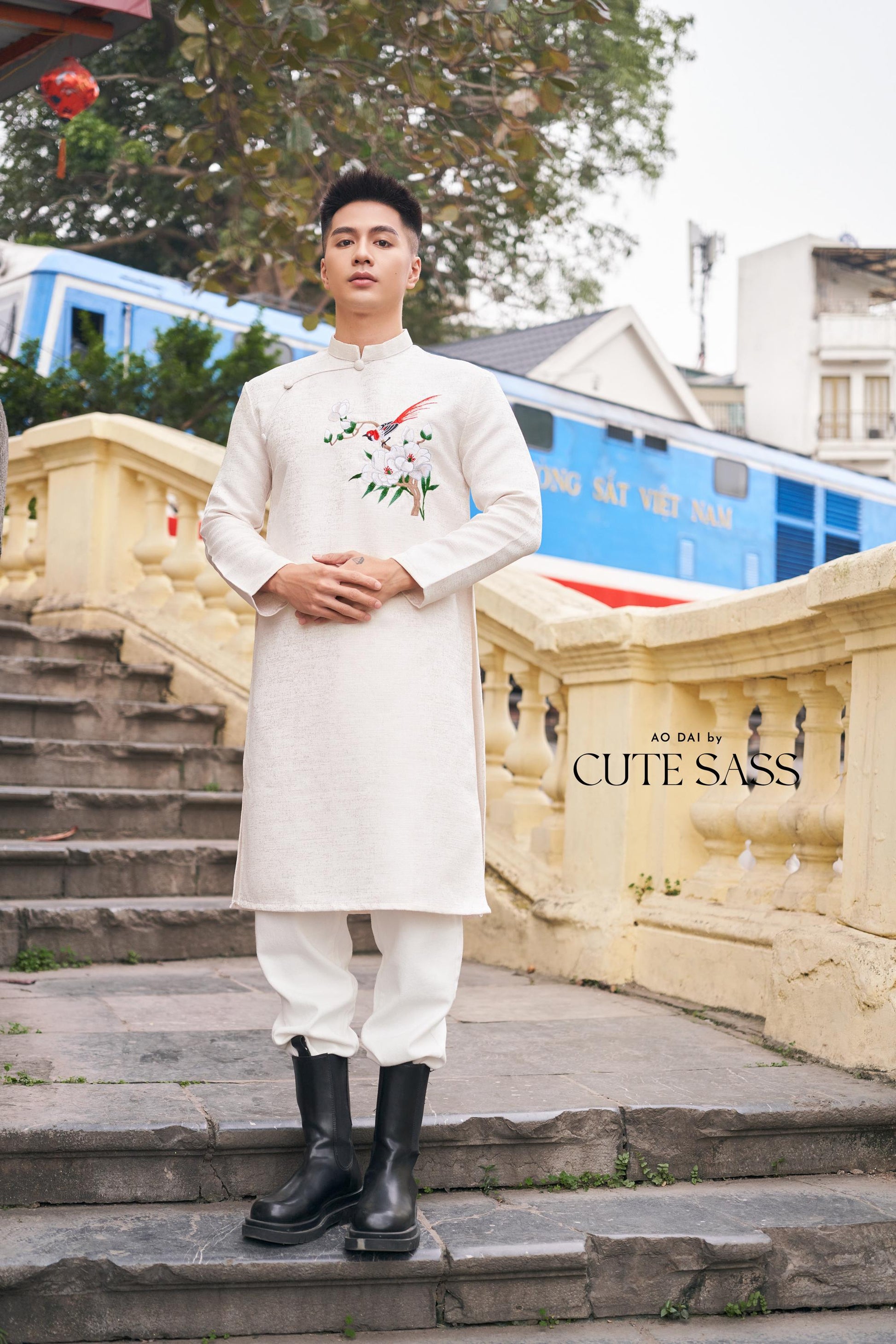 Men White Embroidery Sparrow Ao Dai Top 43B | Pre-made Traditional Vietnamese Ao Dai| Lunar New Year | Ao Dai for Dad, Boy |Ao Dai Tet| AoDaibyCuteSass