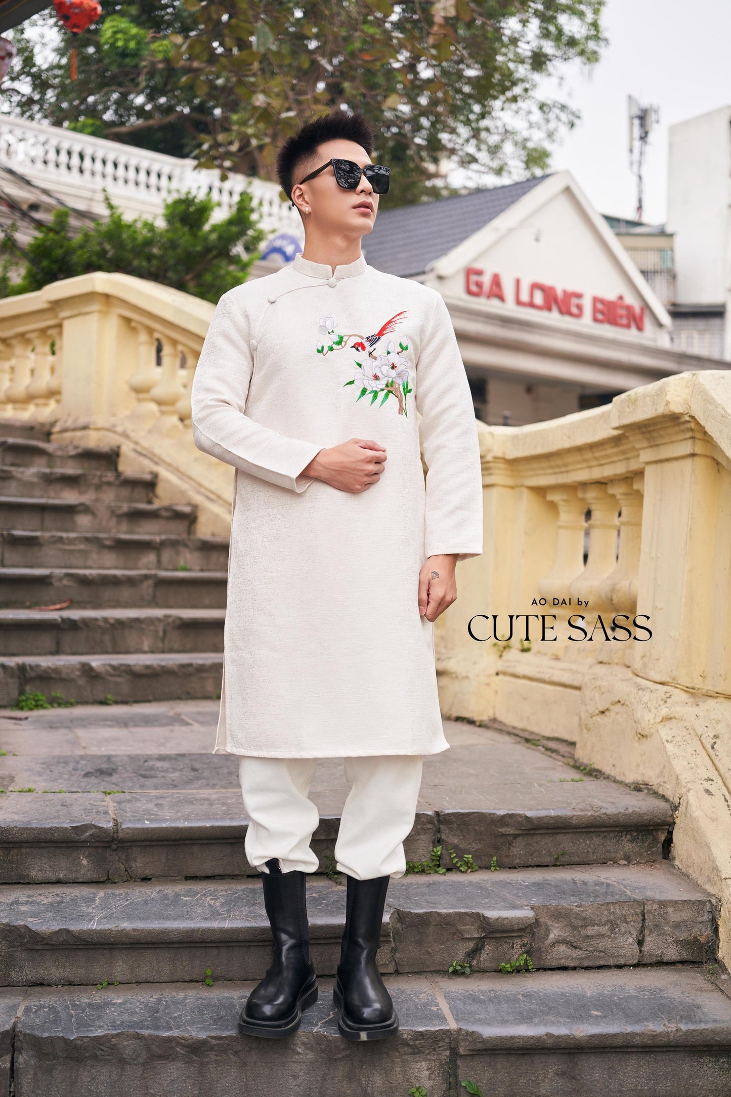 Men White Embroidery Sparrow Ao Dai Top 43B | Pre-made Traditional Vietnamese Ao Dai| Lunar New Year | Ao Dai for Dad, Boy |Ao Dai Tet| AoDaibyCuteSass