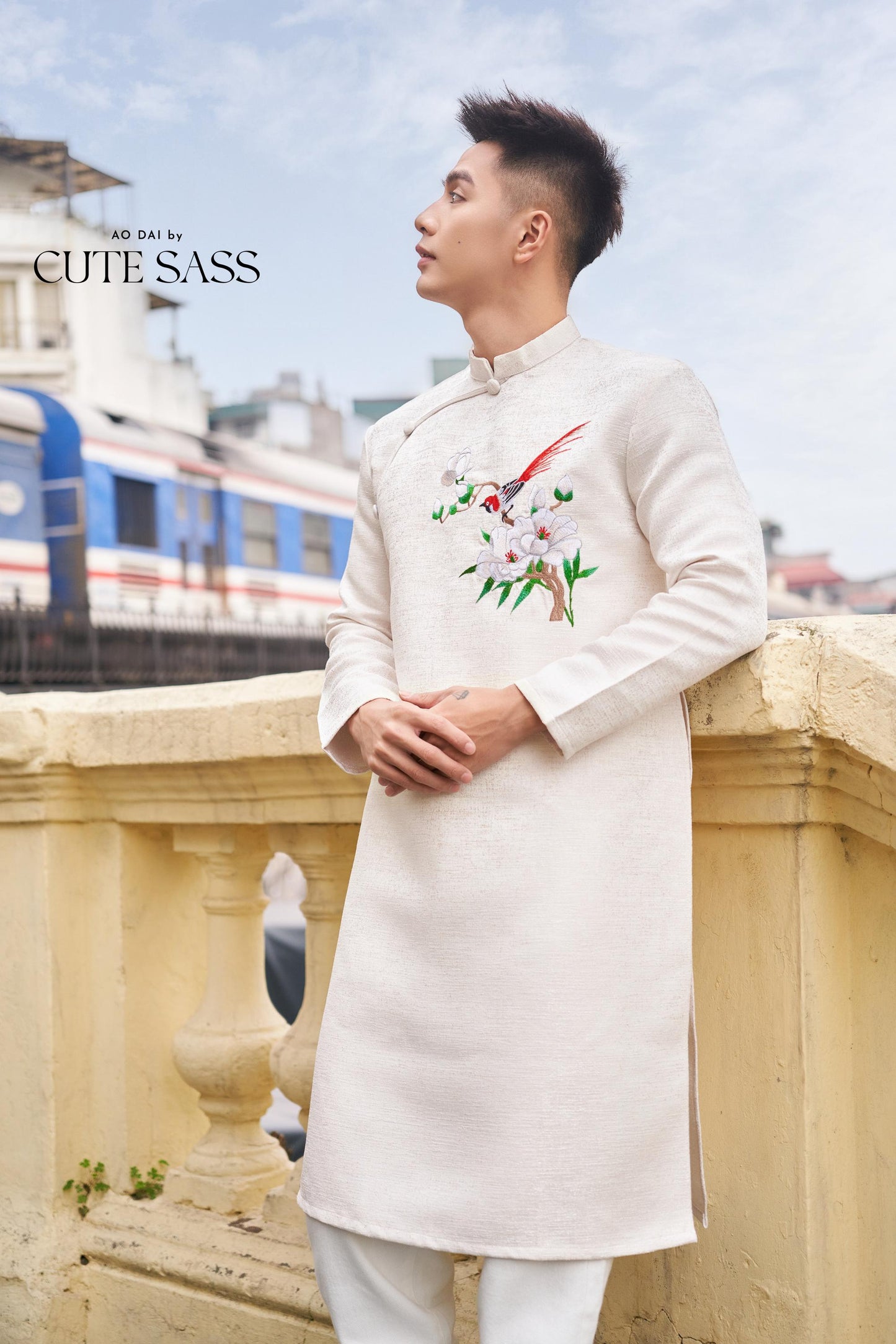 Men White Embroidery Sparrow Ao Dai Top 43B | Pre-made Traditional Vietnamese Ao Dai| Lunar New Year | Ao Dai for Dad, Boy |Ao Dai Tet| AoDaibyCuteSass