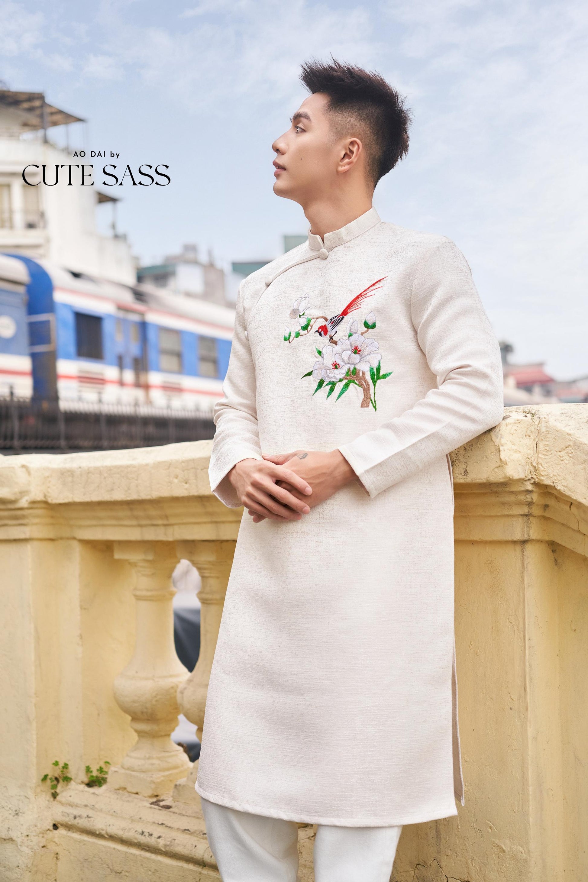 Men White Embroidery Sparrow Ao Dai Top 43B | Pre-made Traditional Vietnamese Ao Dai| Lunar New Year | Ao Dai for Dad, Boy |Ao Dai Tet| AoDaibyCuteSass