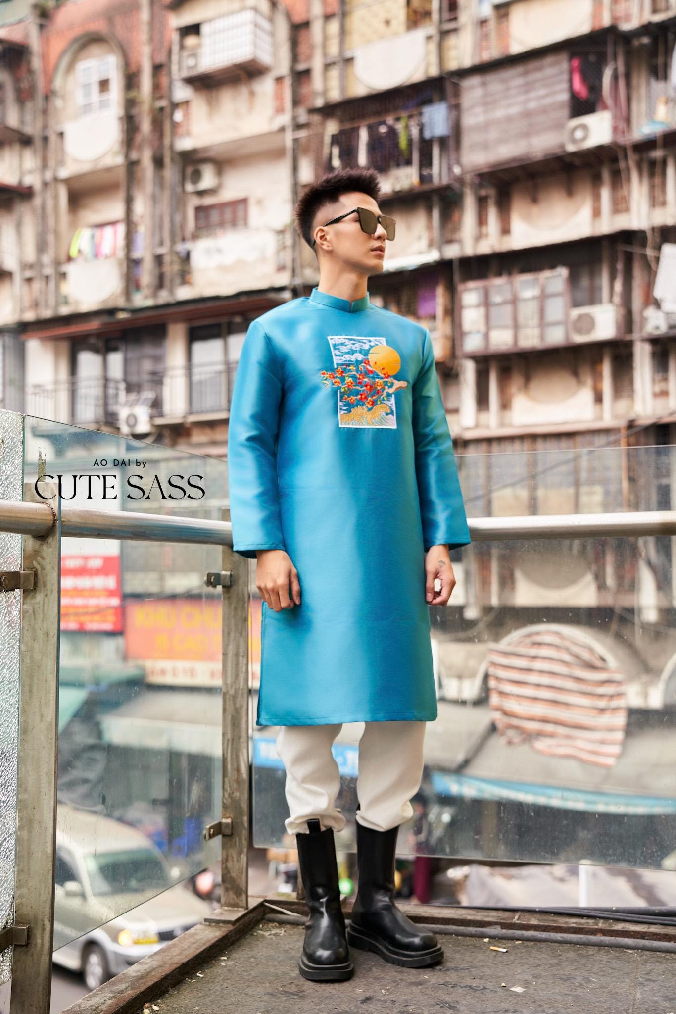 Men Turquoise Embroidery Mai Ao Dai Top 44B | Pre-made Traditional Vietnamese Ao Dai| Lunar New Year | Ao Dai for Dad, Boy |Ao Dai Tet| AoDaibyCuteSass