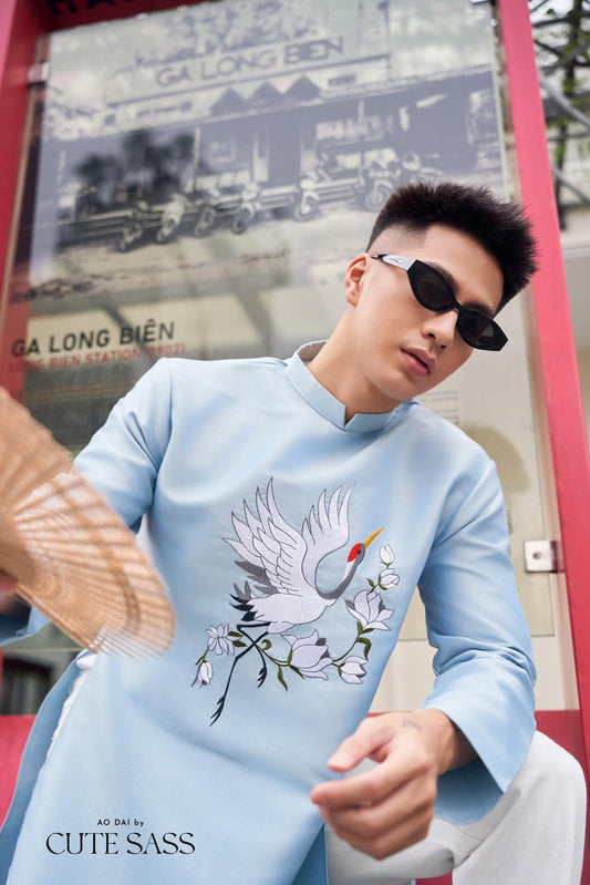 Men Blue Embroidery Bird Ao Dai Top 43C | Pre-made Traditional Vietnamese Ao Dai| Lunar New Year | Ao Dai for Dad, Boy |Ao Dai Tet| AoDaibyCuteSass