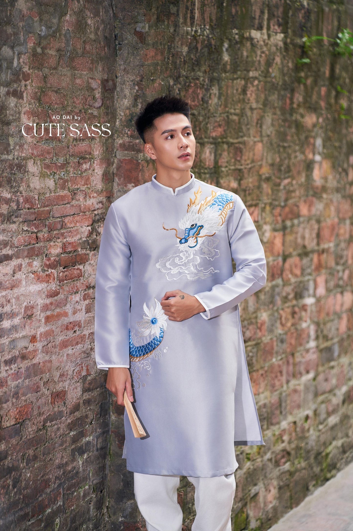 Men Gray Embroidery Dragon Ao Dai Top 44B | Pre-made Traditional Vietnamese Ao Dai| Lunar New Year | Ao Dai for Dad, Boy |Ao Dai Tet| AoDaibyCuteSass