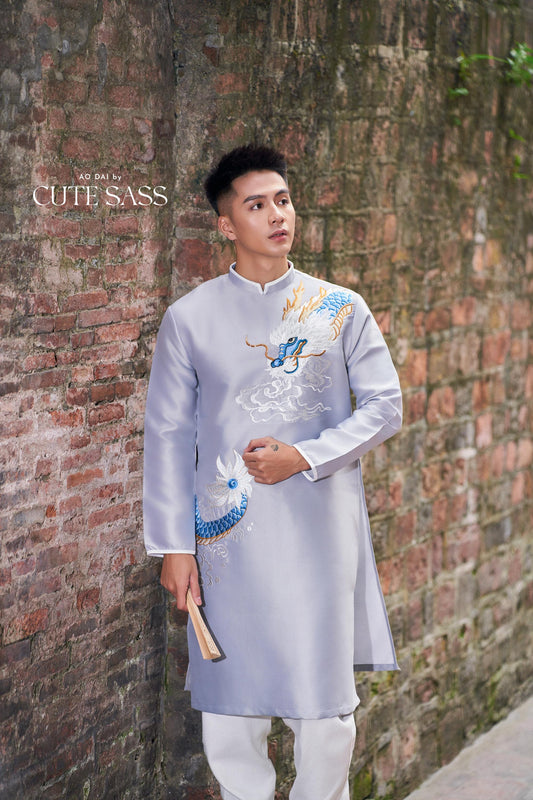 Men Gray Embroidery Dragon Ao Dai Top 44B | Pre-made Traditional Vietnamese Ao Dai| Lunar New Year | Ao Dai for Dad, Boy |Ao Dai Tet| AoDaibyCuteSass