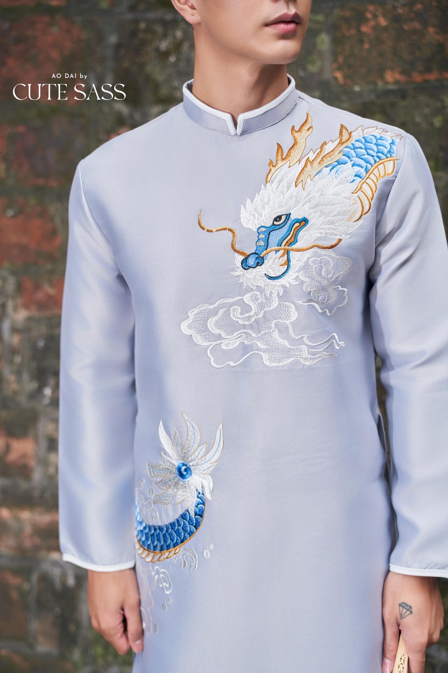Men Gray Embroidery Dragon Ao Dai Top 44B | Pre-made Traditional Vietnamese Ao Dai| Lunar New Year | Ao Dai for Dad, Boy |Ao Dai Tet| AoDaibyCuteSass