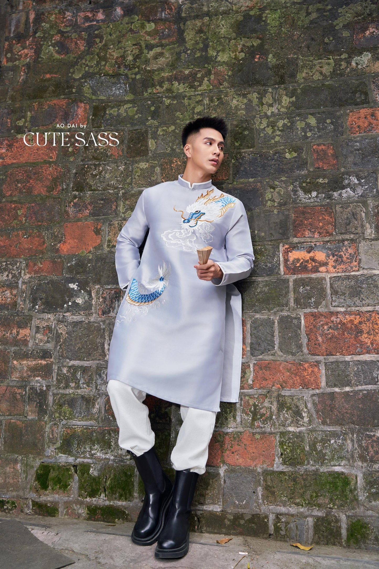 Men Gray Embroidery Dragon Ao Dai Top 44B | Pre-made Traditional Vietnamese Ao Dai| Lunar New Year | Ao Dai for Dad, Boy |Ao Dai Tet| AoDaibyCuteSass