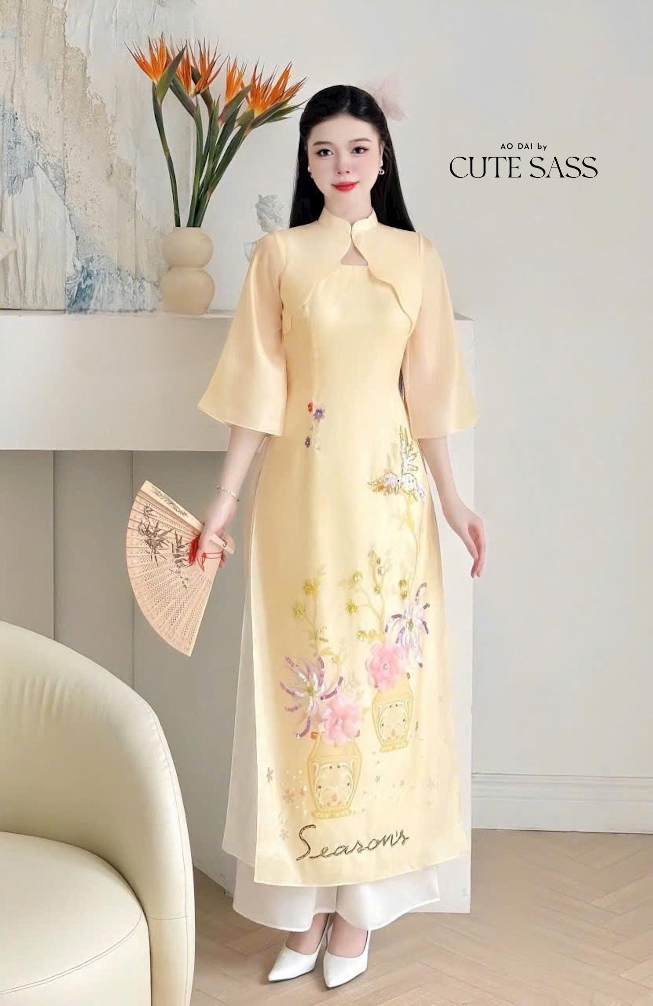 Yellow "Season" Blazer Cape Ao Dai Top Only, NO PANTS 12C| Pre-made Modernized Vietnamese Ao Dai| Lunar New Year| Ao Dai Cach Tan| AoDaibyCuteSass