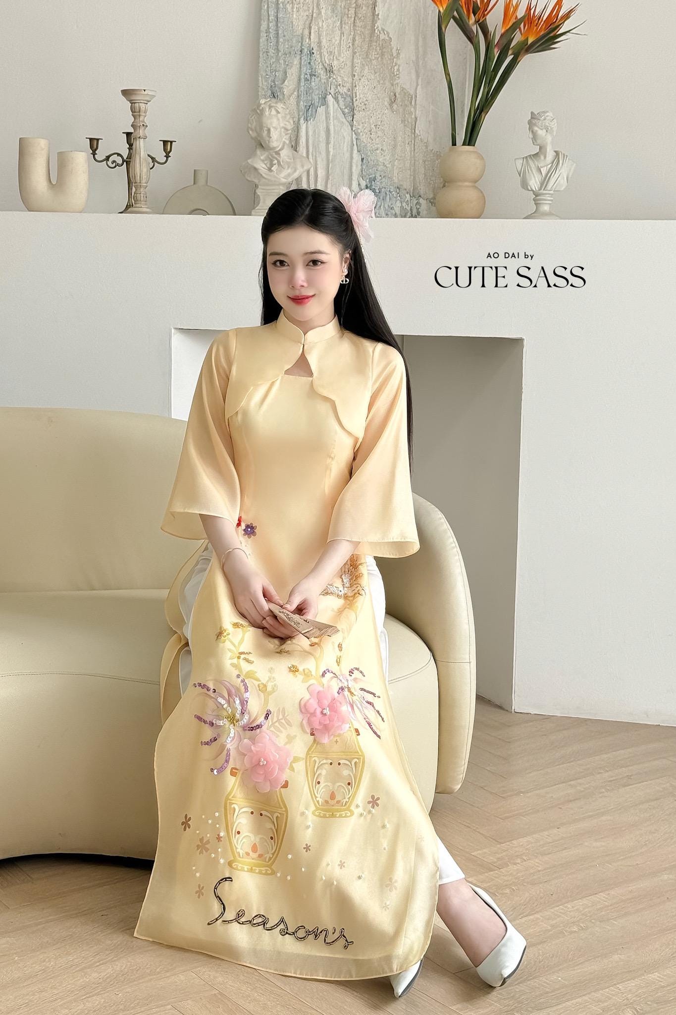 Yellow "Season" Blazer Cape Ao Dai Top Only, NO PANTS 12C| Pre-made Modernized Vietnamese Ao Dai| Lunar New Year| Ao Dai Cach Tan| AoDaibyCuteSass