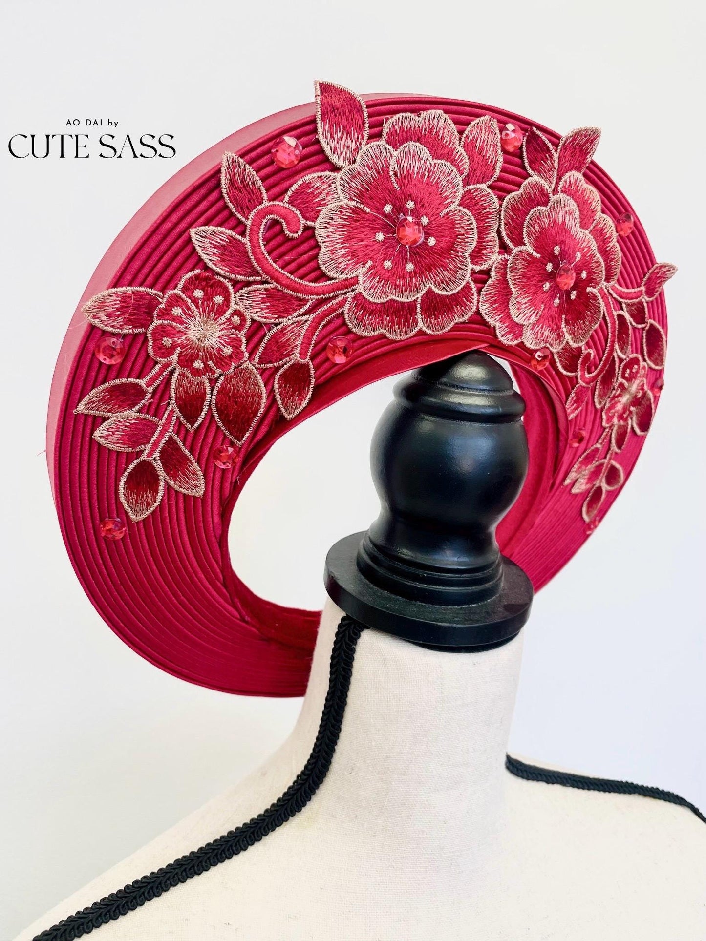 Maroon Gold Floral Lace Khan Vanh - Round Head Piece | Vietnamese Ao Dai Accessories | Khan Dong | Vietnamese Ao Dai Wedding Accessory AoDaibyCuteSass