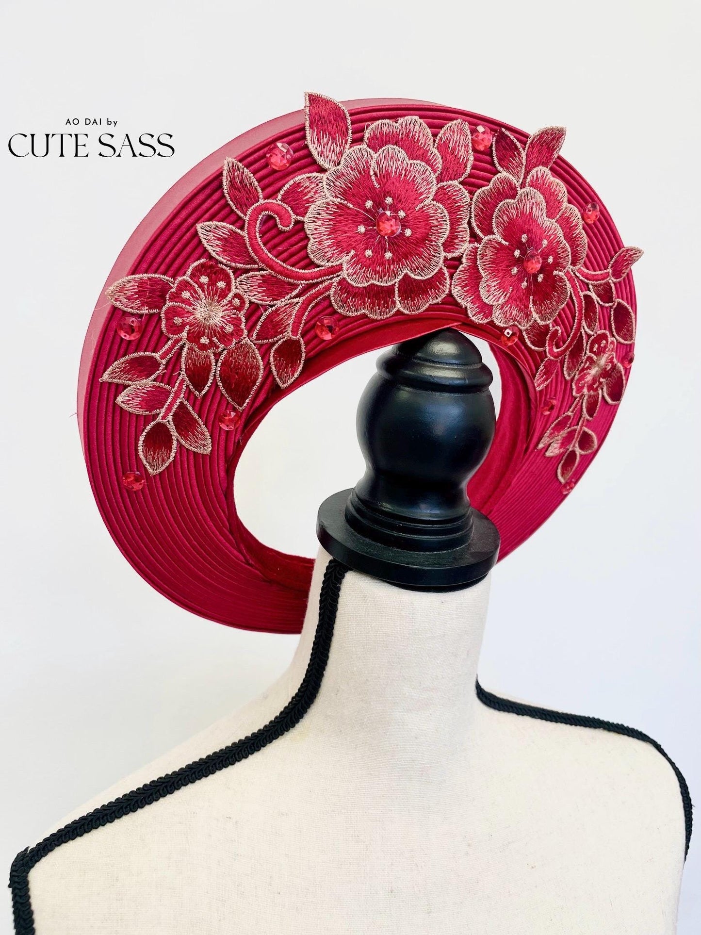 Maroon Gold Floral Lace Khan Vanh - Round Head Piece | Vietnamese Ao Dai Accessories | Khan Dong | Vietnamese Ao Dai Wedding Accessory AoDaibyCuteSass