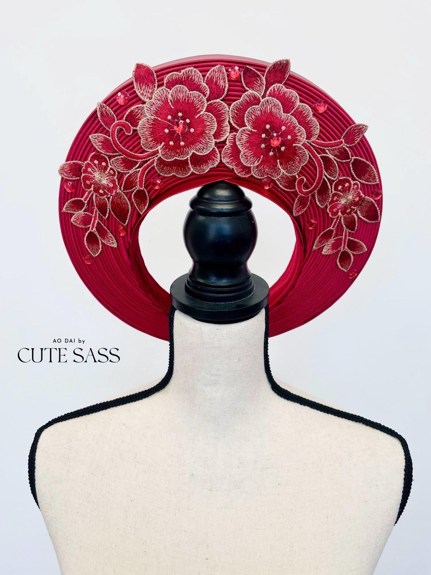 Maroon Gold Floral Lace Khan Vanh - Round Head Piece | Vietnamese Ao Dai Accessories | Khan Dong | Vietnamese Ao Dai Wedding Accessory AoDaibyCuteSass