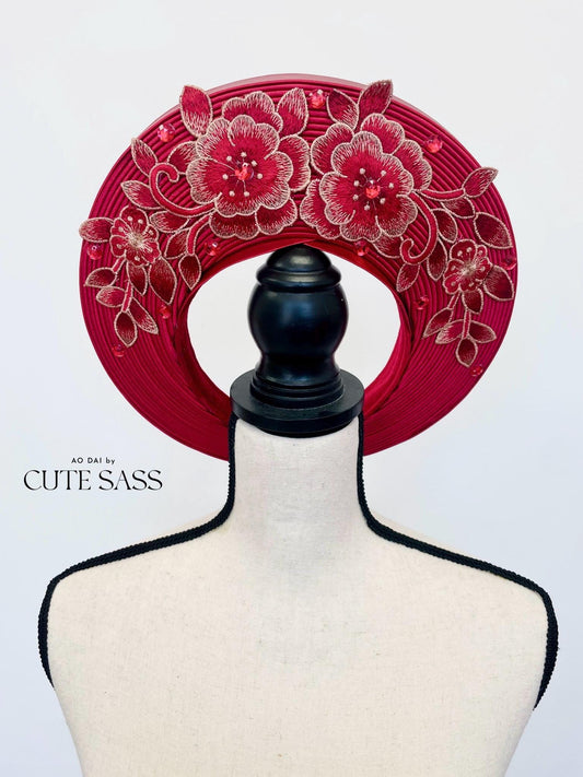 Maroon Gold Floral Lace Khan Vanh - Round Head Piece | Vietnamese Ao Dai Accessories | Khan Dong | Vietnamese Ao Dai Wedding Accessory AoDaibyCuteSass