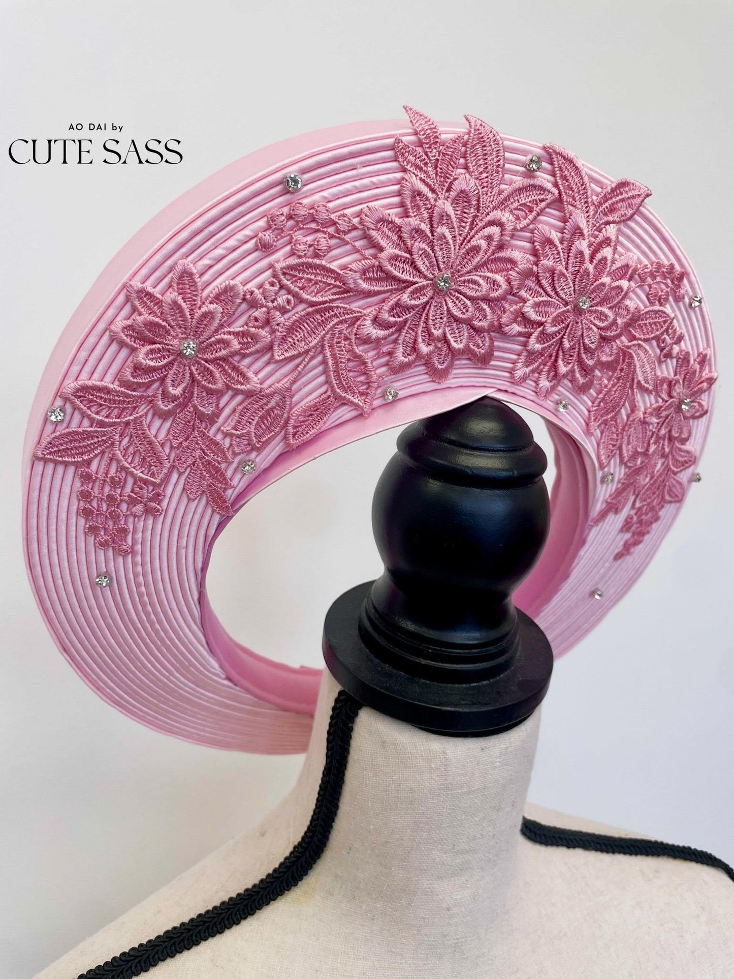 Pink Jeweled Diamond Lace Floral Khan Vanh - Round Head Piece | Vietnamese Ao Dai Accessories | Khan Dong | Vietnamese Ao Dai Wedding AoDaibyCuteSass