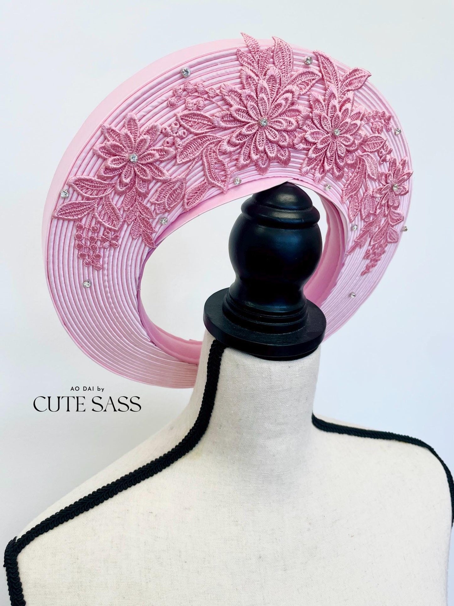 Pink Jeweled Diamond Lace Floral Khan Vanh - Round Head Piece | Vietnamese Ao Dai Accessories | Khan Dong | Vietnamese Ao Dai Wedding AoDaibyCuteSass