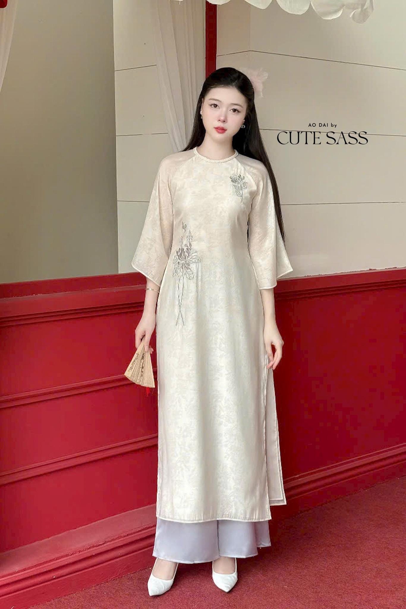 Cream Embroidery Lotus Braided Neckline Ao Dai Top Only, No Pants 12C|Pre-made Modernized Vietnamese Ao Dai|Pastel Pink Ao Dai| AoDaibyCuteSass