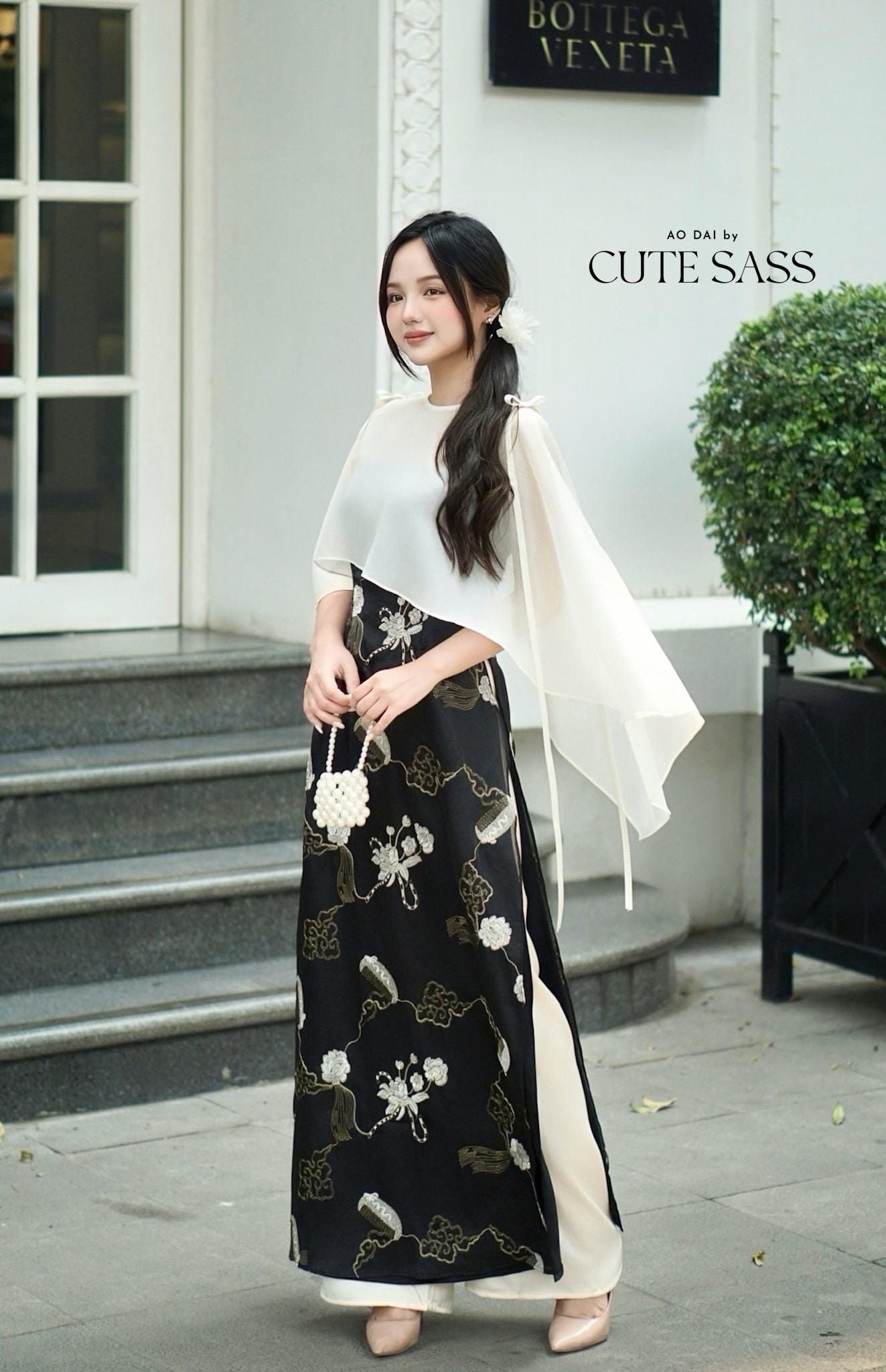 Yen - Black/Gold Eclipse Spaghetti Strap Ao Dai Top with Cape, No Pants, No Bows| Pre-made Modernized Vietnamese Ao Dai| Lunar New Year AoDaibyCuteSass