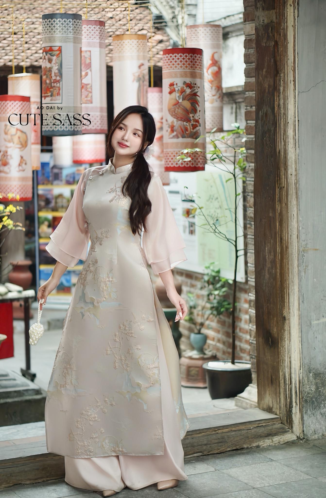 Yen - Pink Heirloom Sheer Sleeves Ao Dai Top Only, No Pants| Pre-made Modernized Vietnamese Ao Dai| Lunar New Year AoDaibyCuteSass