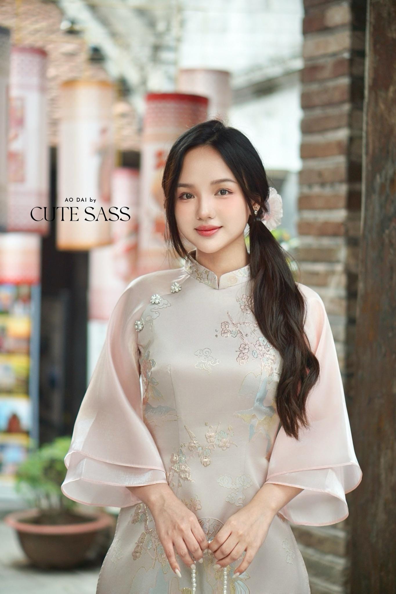 Yen - Pink Heirloom Sheer Sleeves Ao Dai Top Only, No Pants| Pre-made Modernized Vietnamese Ao Dai| Lunar New Year AoDaibyCuteSass