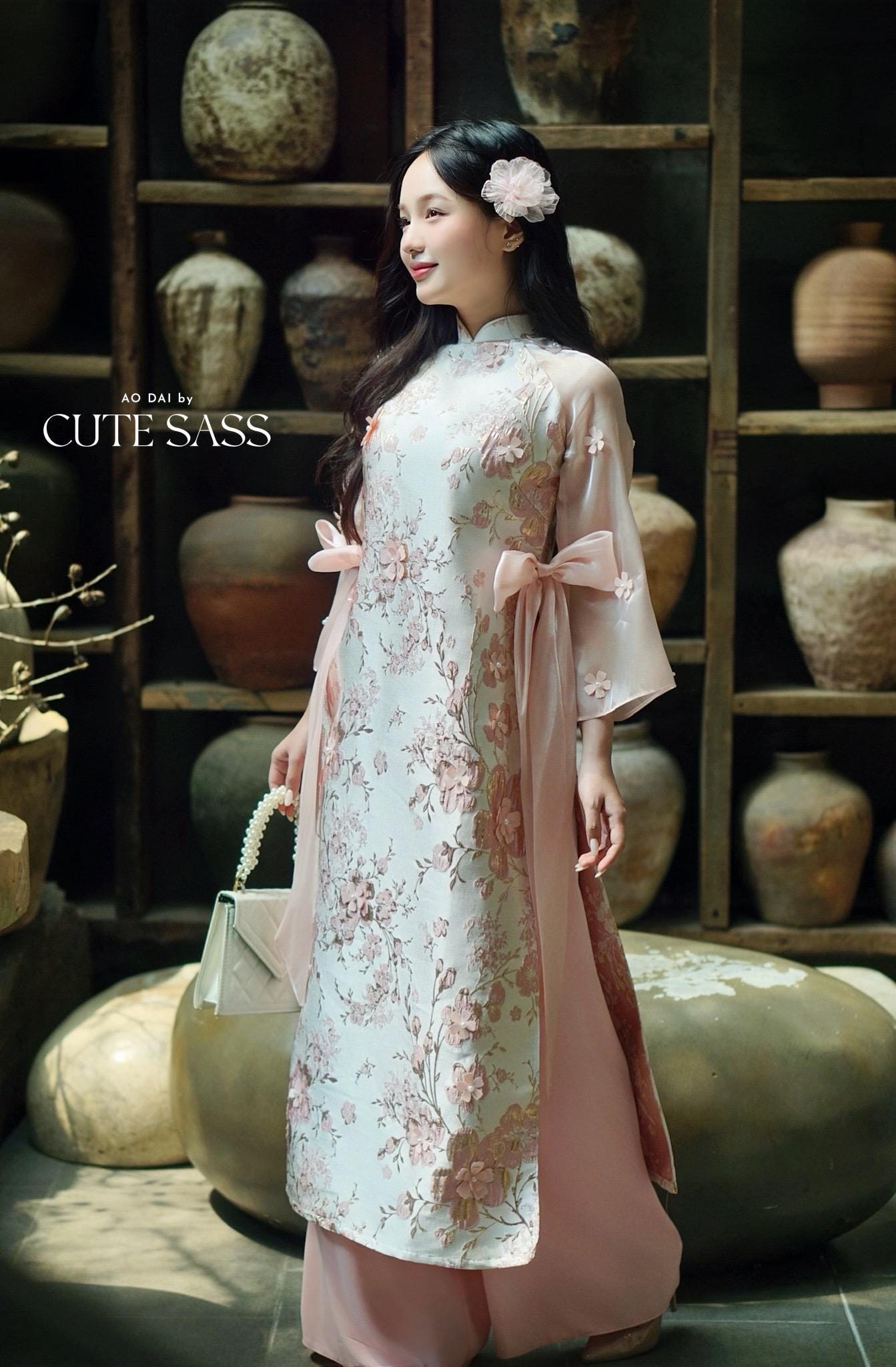 Yen - Pink and Gold 3D Flowers Bow Shifted Ao Dai Set 3D|Pre-made Modernized Vietnamese Ao Dai | Lunar New Year| AoDaibyCuteSass