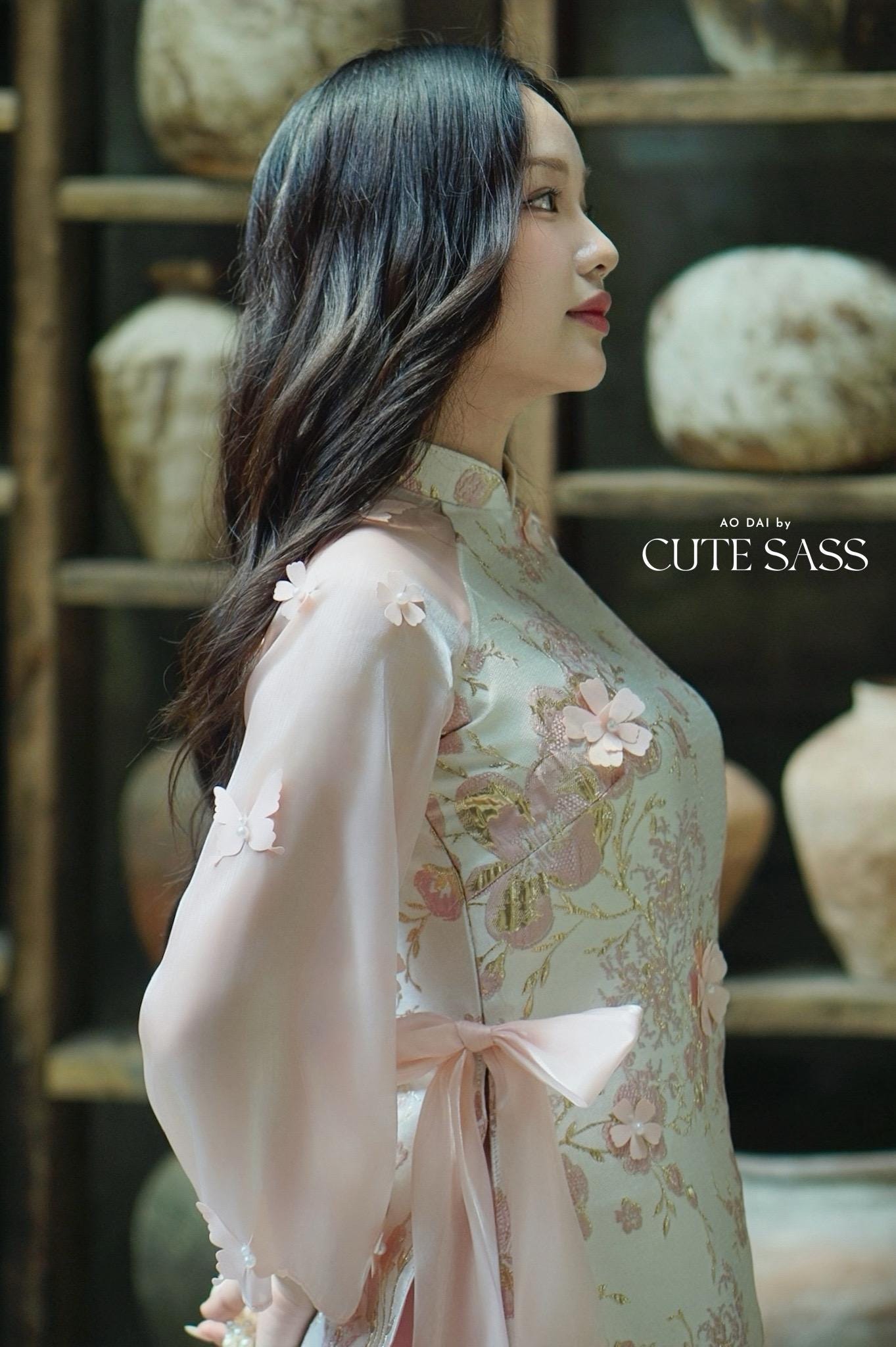 Yen - Pink and Gold 3D Flowers Bow Shifted Ao Dai Set 3D|Pre-made Modernized Vietnamese Ao Dai | Lunar New Year| AoDaibyCuteSass