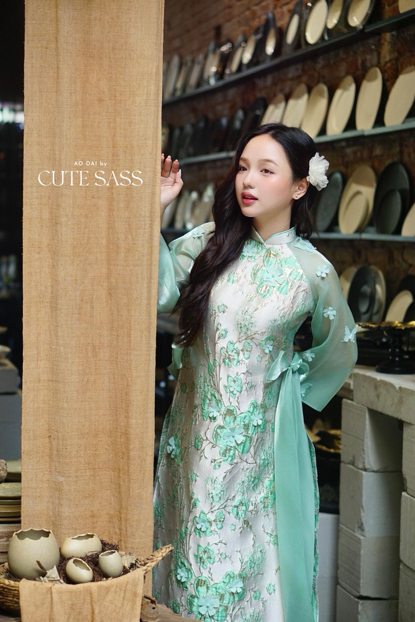 Yen - Cyan and Gold 3D Flowers Bow Shifted Ao Dai Set 3D|Pre-made Modernized Vietnamese Ao Dai | Lunar New Year| AoDaibyCuteSass