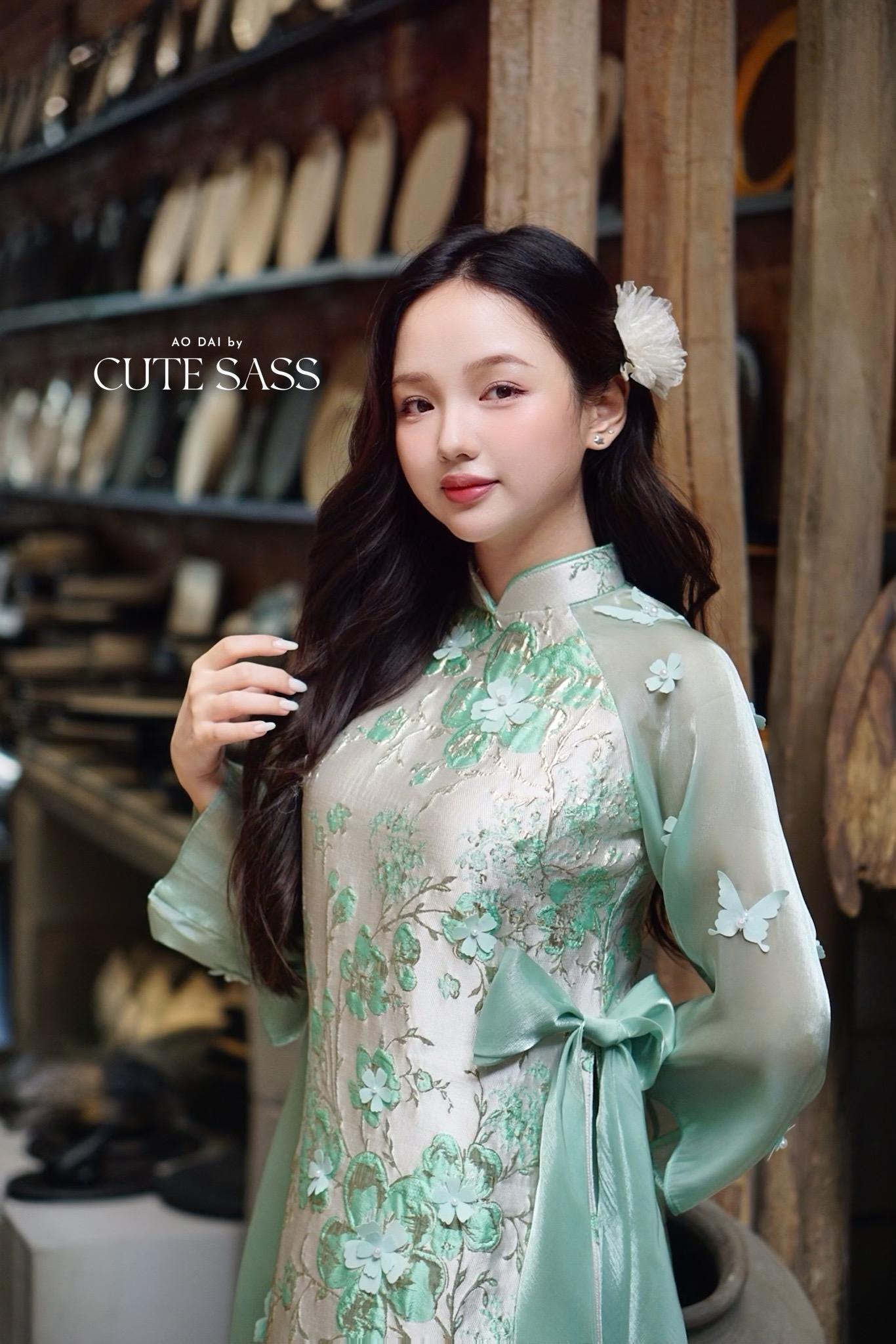 Yen - Cyan and Gold 3D Flowers Bow Shifted Ao Dai Set 3D|Pre-made Modernized Vietnamese Ao Dai | Lunar New Year| AoDaibyCuteSass
