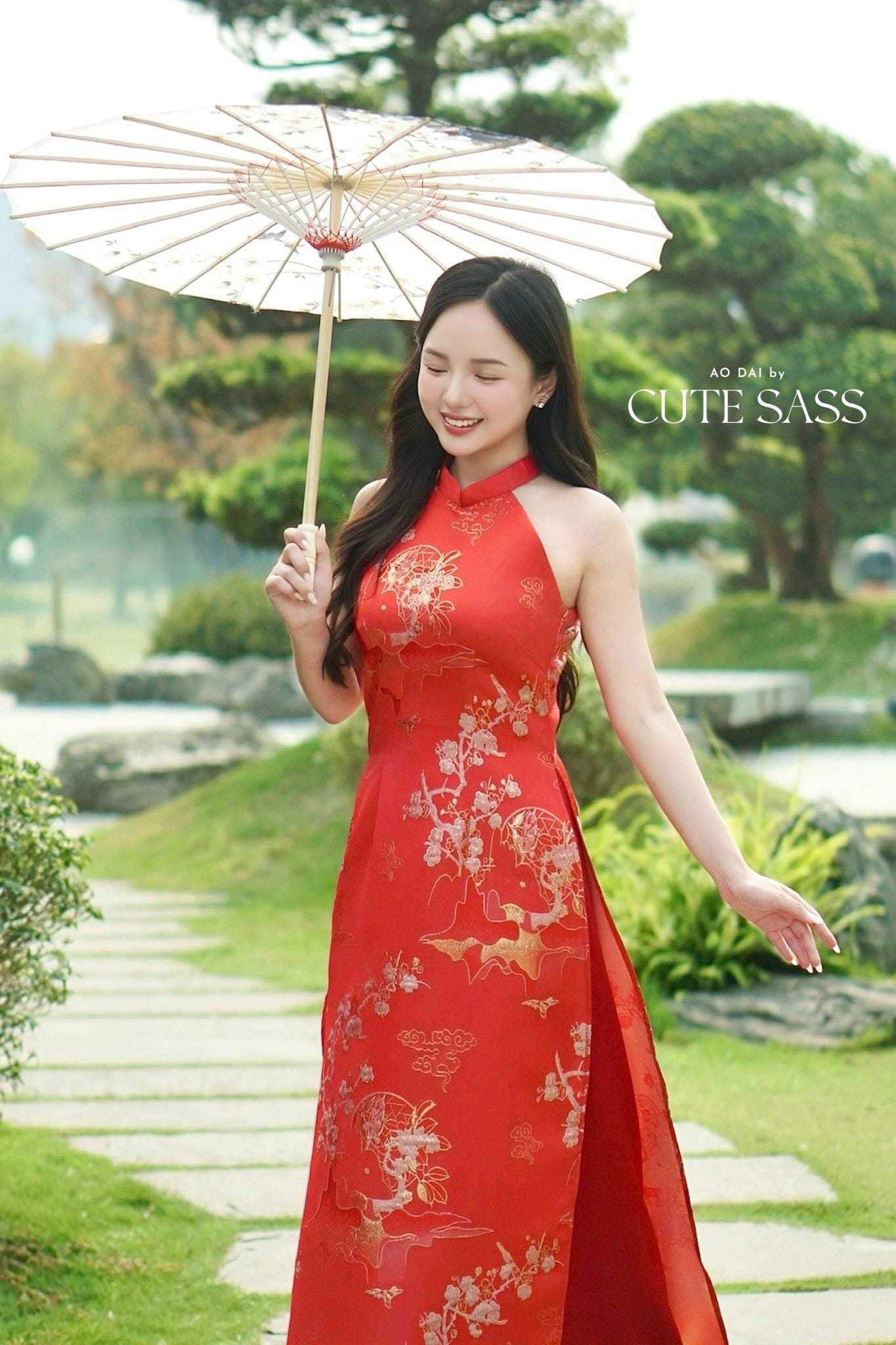 Yen - Red Heirloom Yem-Inspired Ao Dai Top Only, No Pants| Pre-made Modernized Vietnamese Ao Dai| Lunar New Year AoDaibyCuteSass