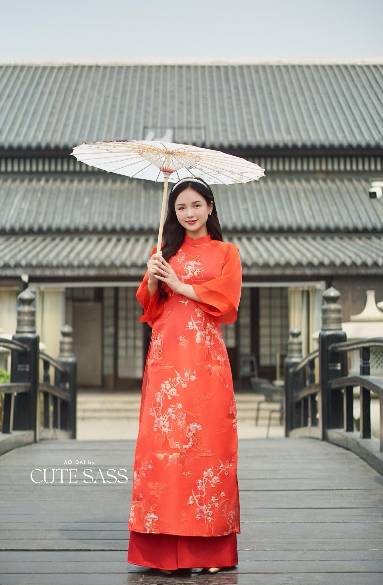 Yen - Red Heirloom Sheer Sleeves Ao Dai Top Only, No Pants| Pre-made Modernized Vietnamese Ao Dai| Lunar New Year AoDaibyCuteSass