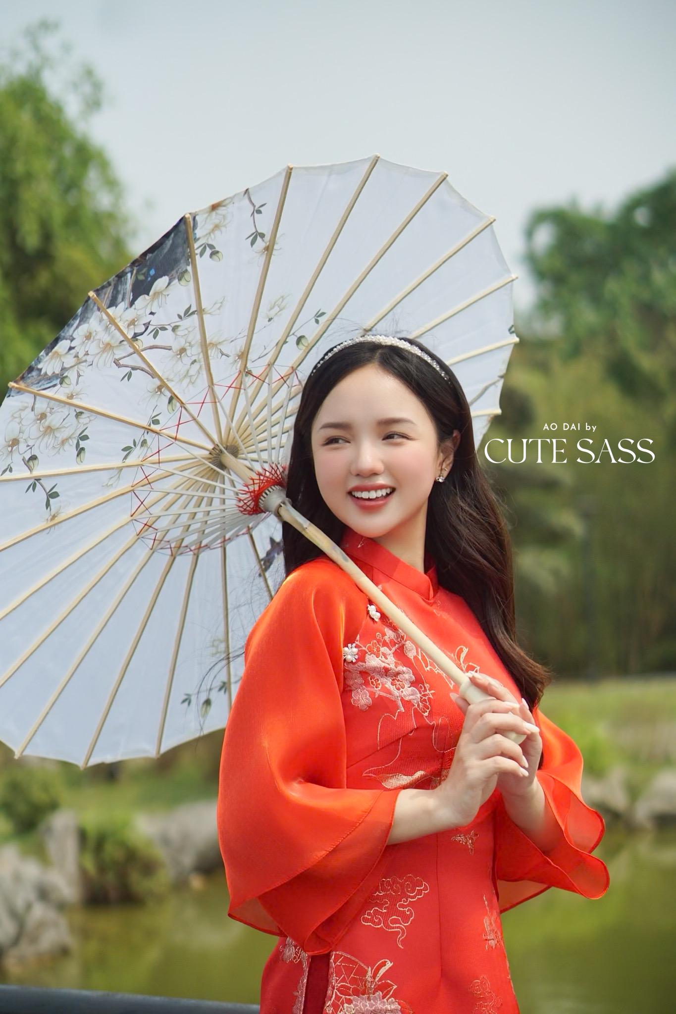 Yen - Red Heirloom Sheer Sleeves Ao Dai Top Only, No Pants| Pre-made Modernized Vietnamese Ao Dai| Lunar New Year AoDaibyCuteSass
