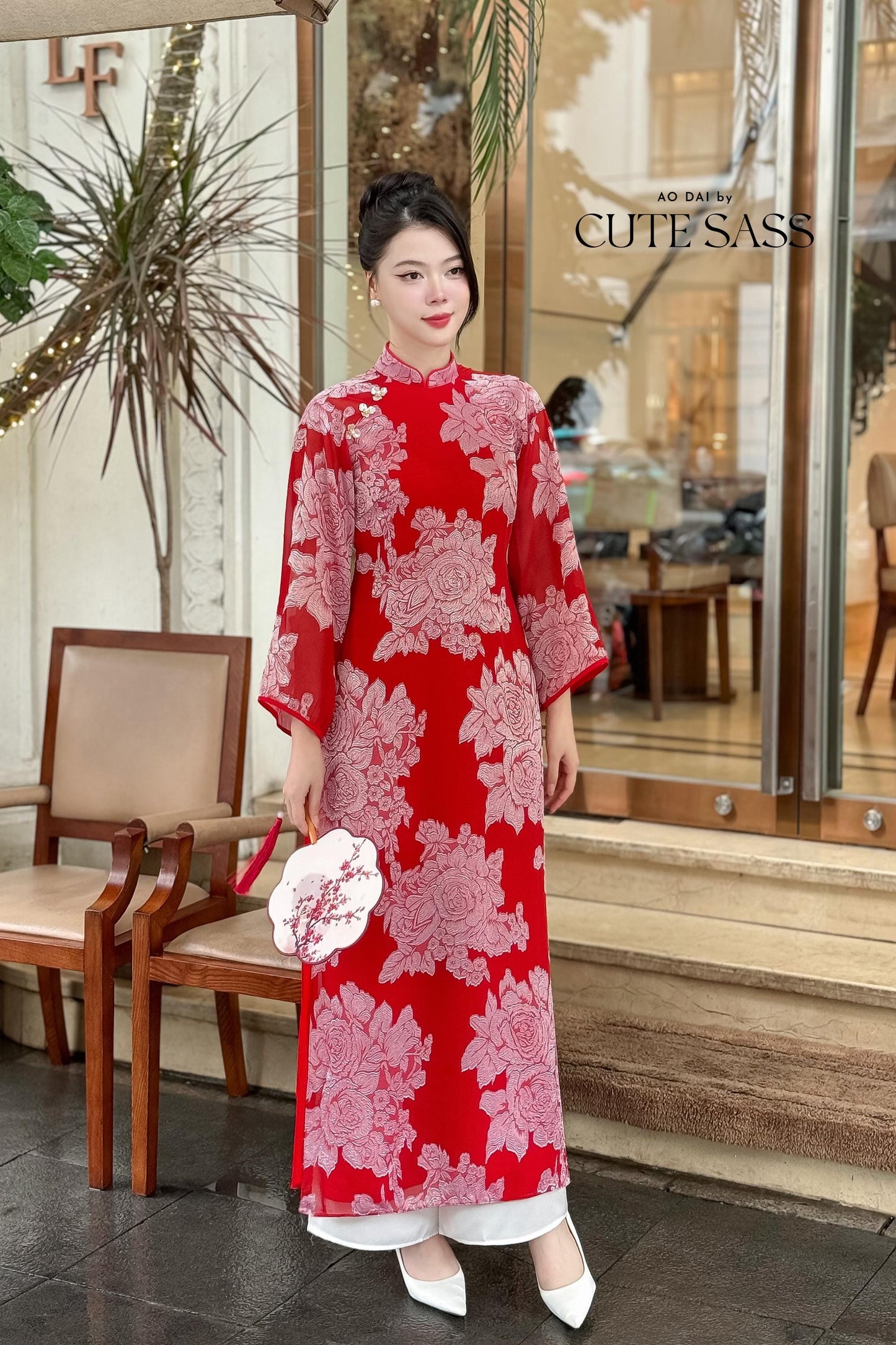Red Shimmery Rose Chiffon Ao Dai Top Only, No Pants 29C |Pre-made Vietnamese Women Ao Dai with Pants | Lunar New Year|Ao Dai Cach Tan AoDaibyCuteSass