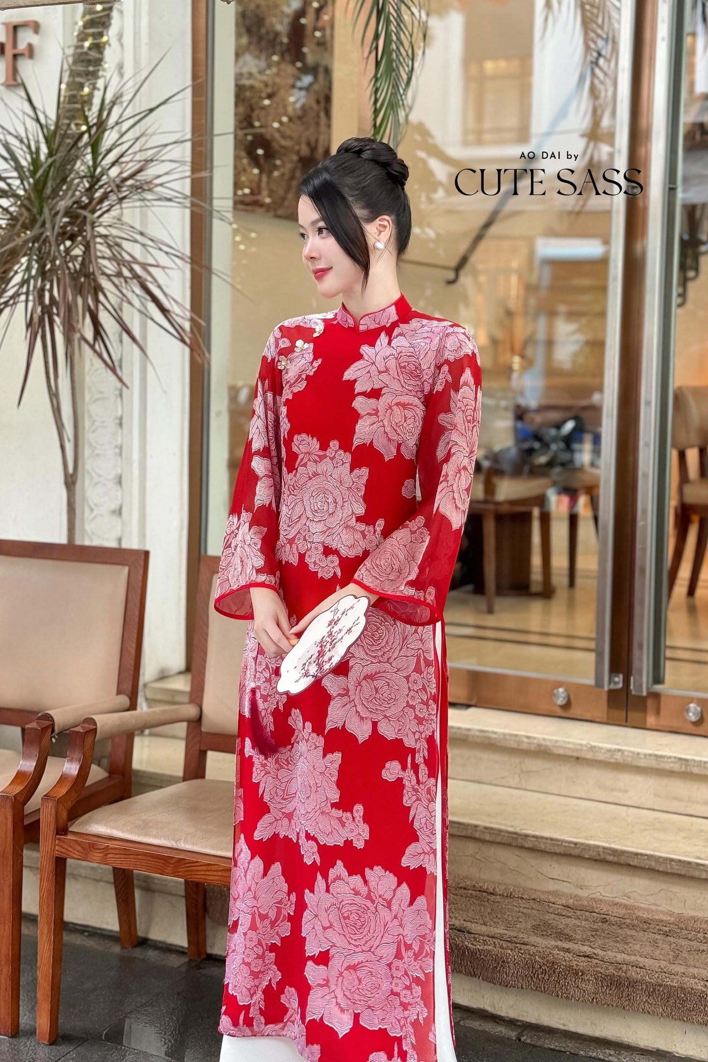 Red Shimmery Rose Chiffon Ao Dai Top Only, No Pants 29C |Pre-made Vietnamese Women Ao Dai with Pants | Lunar New Year|Ao Dai Cach Tan AoDaibyCuteSass