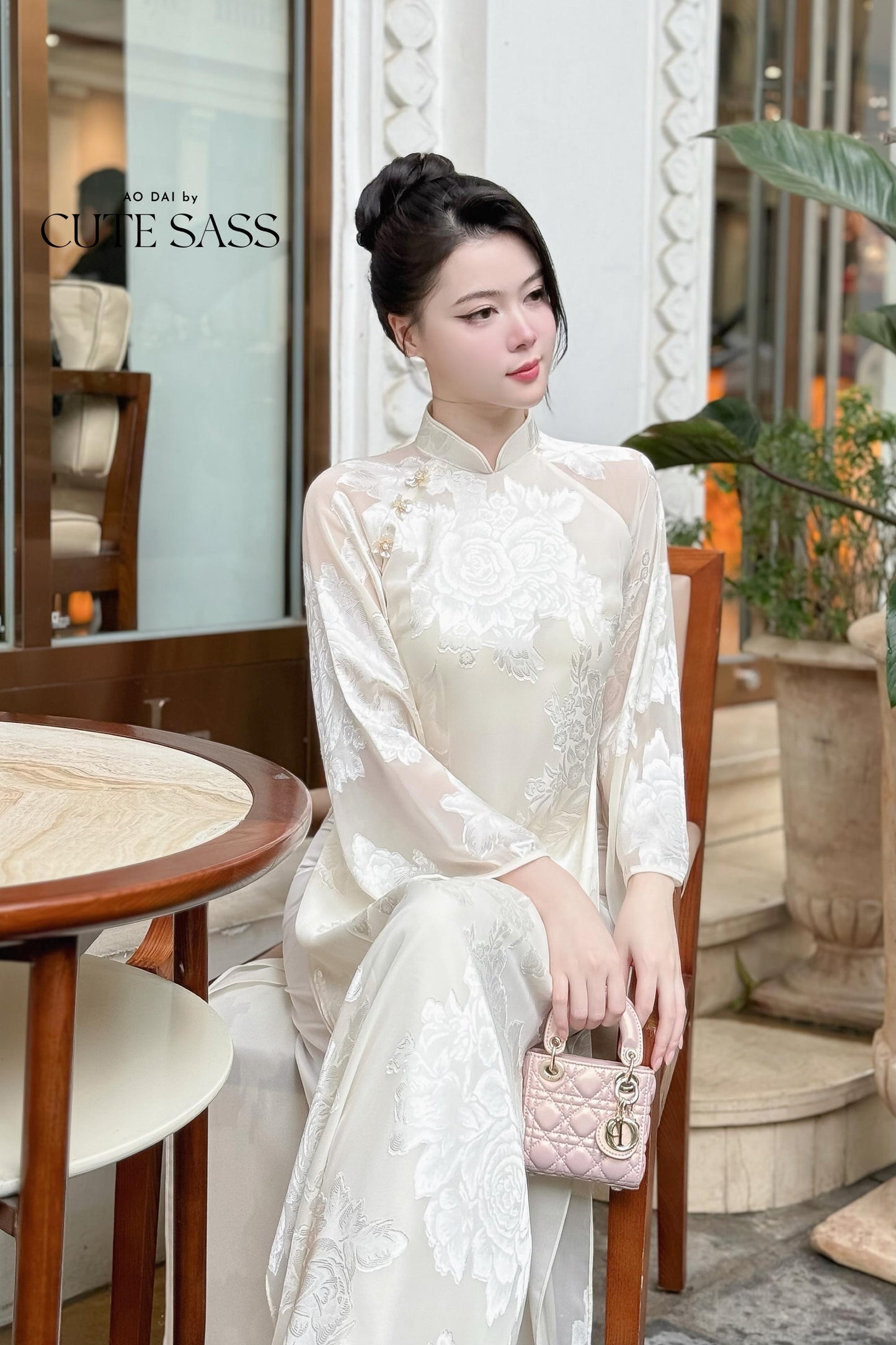 White Shimmery Rose Chiffon Ao Dai Top Only, No Pants 29D |Pre-made Vietnamese Women Ao Dai with Pants | Lunar New Year|Ao Dai Cach Tan AoDaibyCuteSass