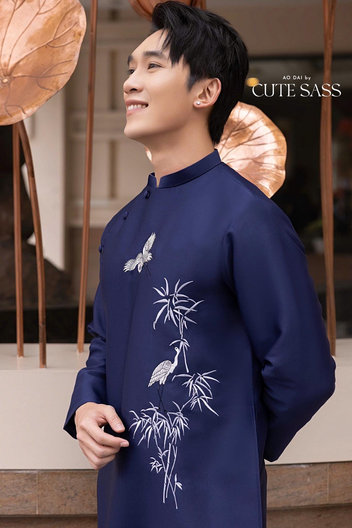 Men Dark Blue Birds Ao Dai Top| Pre-made Traditional Viet Ao Dai|Lunar New Year |Ao Dai for Dad | Ao Dai Truyen Thong| Ao Dai Tet| AoDaibyCuteSass