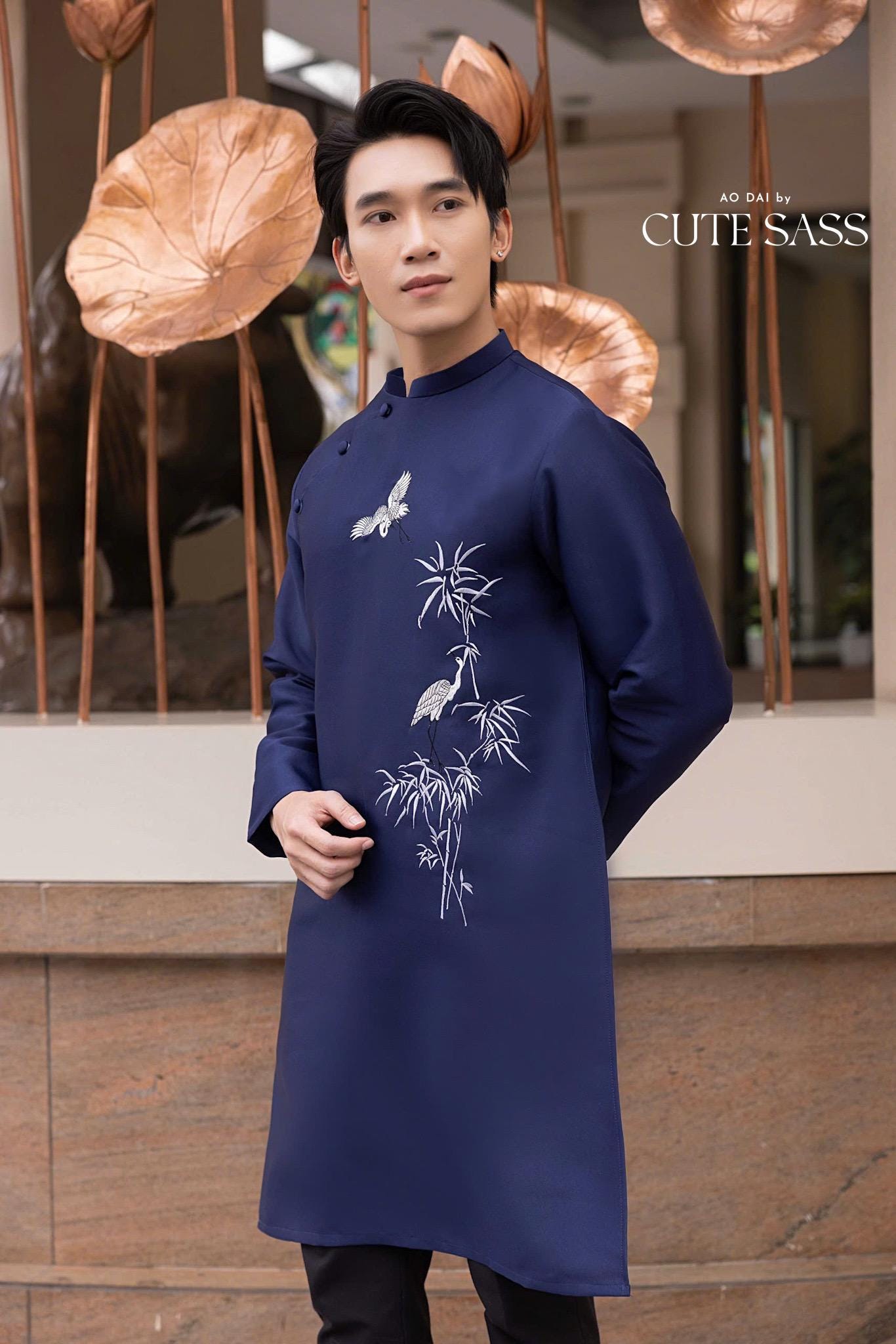 Men Dark Blue Birds Ao Dai Top| Pre-made Traditional Viet Ao Dai|Lunar New Year |Ao Dai for Dad | Ao Dai Truyen Thong| Ao Dai Tet| AoDaibyCuteSass