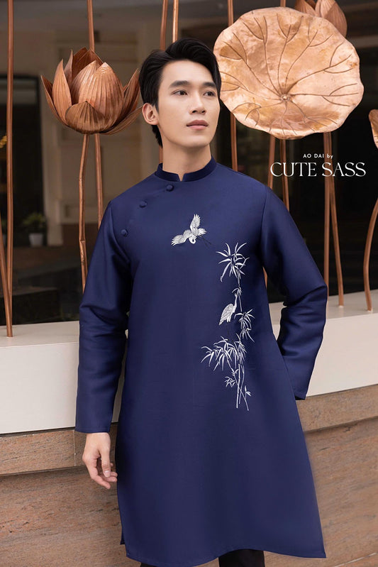 Men Dark Blue Birds Ao Dai Top| Pre-made Traditional Viet Ao Dai|Lunar New Year |Ao Dai for Dad | Ao Dai Truyen Thong| Ao Dai Tet| AoDaibyCuteSass