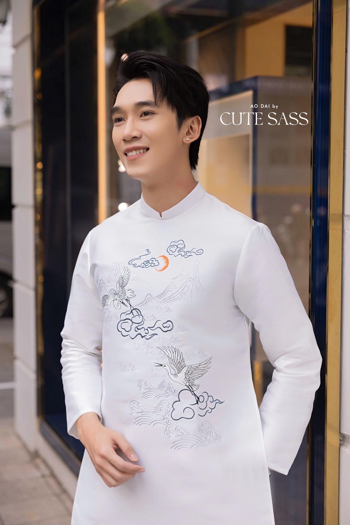 Men White Birds Ao Dai Top| Pre-made Traditional Viet Ao Dai|Lunar New Year |Ao Dai for Dad | Ao Dai Truyen Thong| Ao Dai Tet| AoDaibyCuteSass