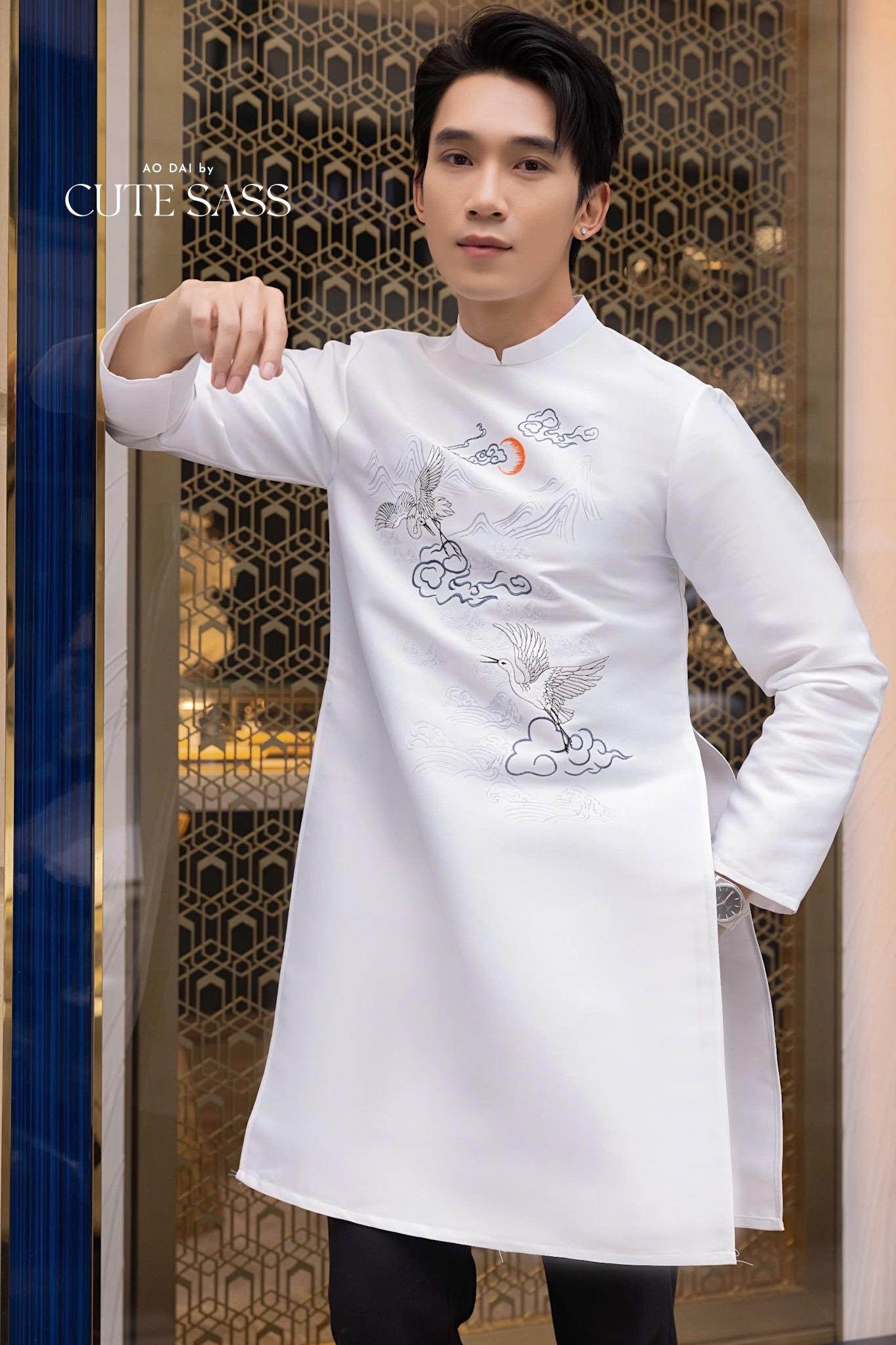 Men White Birds Ao Dai Top| Pre-made Traditional Viet Ao Dai|Lunar New Year |Ao Dai for Dad | Ao Dai Truyen Thong| Ao Dai Tet| AoDaibyCuteSass