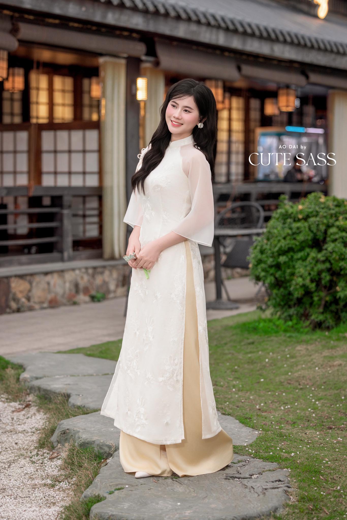 Cream Chiffon Embroidery Bow Ao Dai Set 6D |Pre-made Vietnamese Women Ao Dai with Pants | Lunar New Year|Ao Dai Cach Tan AoDaibyCuteSass