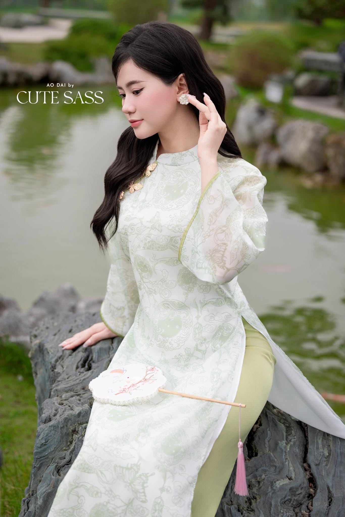 Light Green Printed Koi with Butterflies Pin Ao Dai Set 6D| Pre-made Traditional Vietnamese Ao Dai | Women Ao Dai with Pants|Lunar New Year| AoDaibyCuteSass