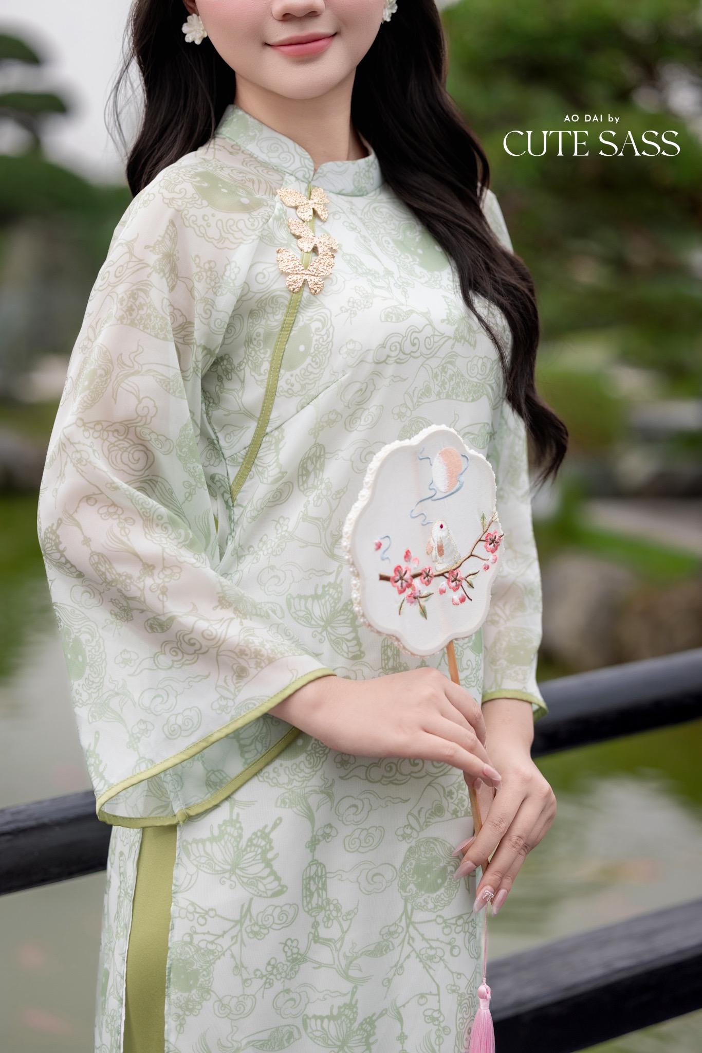 Light Green Printed Koi with Butterflies Pin Ao Dai Set 6D| Pre-made Traditional Vietnamese Ao Dai | Women Ao Dai with Pants|Lunar New Year| AoDaibyCuteSass