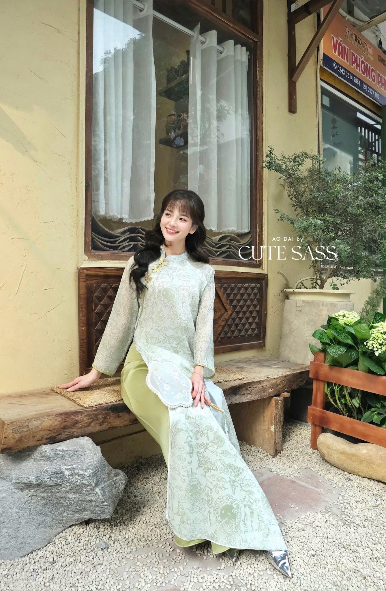 Light Green Printed Koi with Butterflies Pin Ao Dai Set 6D| Pre-made Traditional Vietnamese Ao Dai | Women Ao Dai with Pants|Lunar New Year| AoDaibyCuteSass