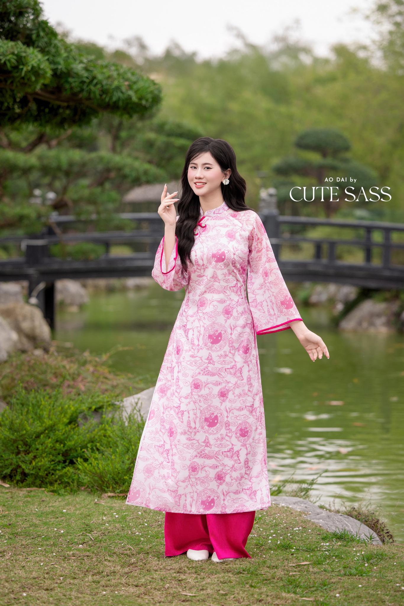 Pink Printed Koi Bows Ao Dai Set 6D| Pre-made Traditional Vietnamese Ao Dai | Women Ao Dai with Pants|Lunar New Year| AoDaibyCuteSass